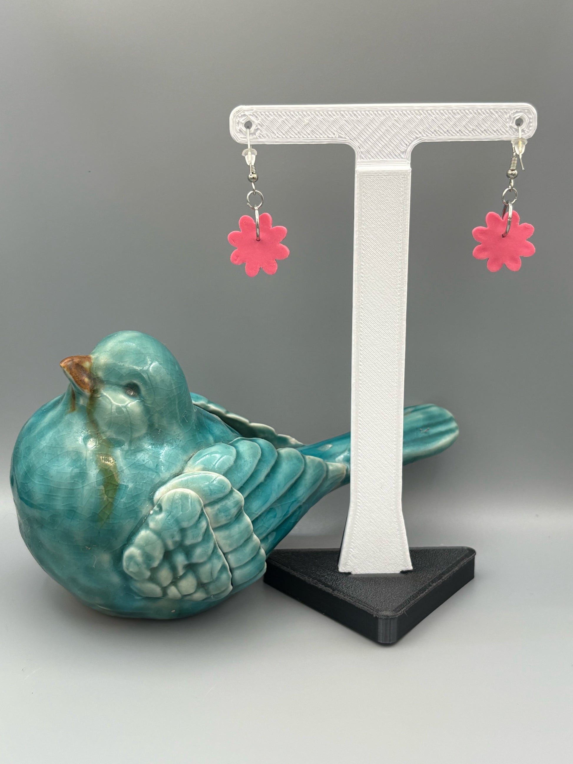 Pink Flower Dangle Earrings - handcrafted polymer clay earrings by Lakeside Clay