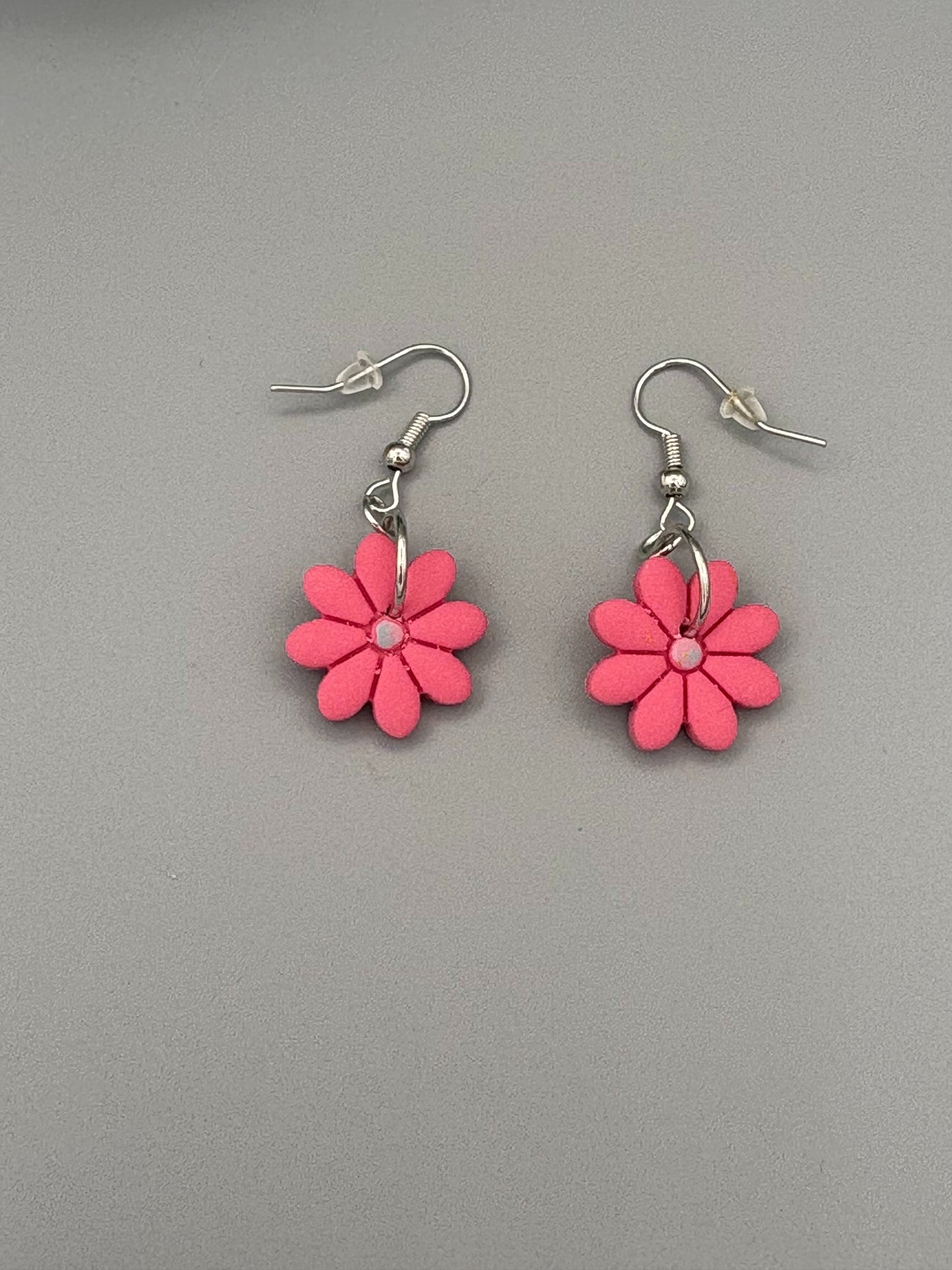 Pink Flower Dangle Earrings - handcrafted polymer clay earrings by Lakeside Clay