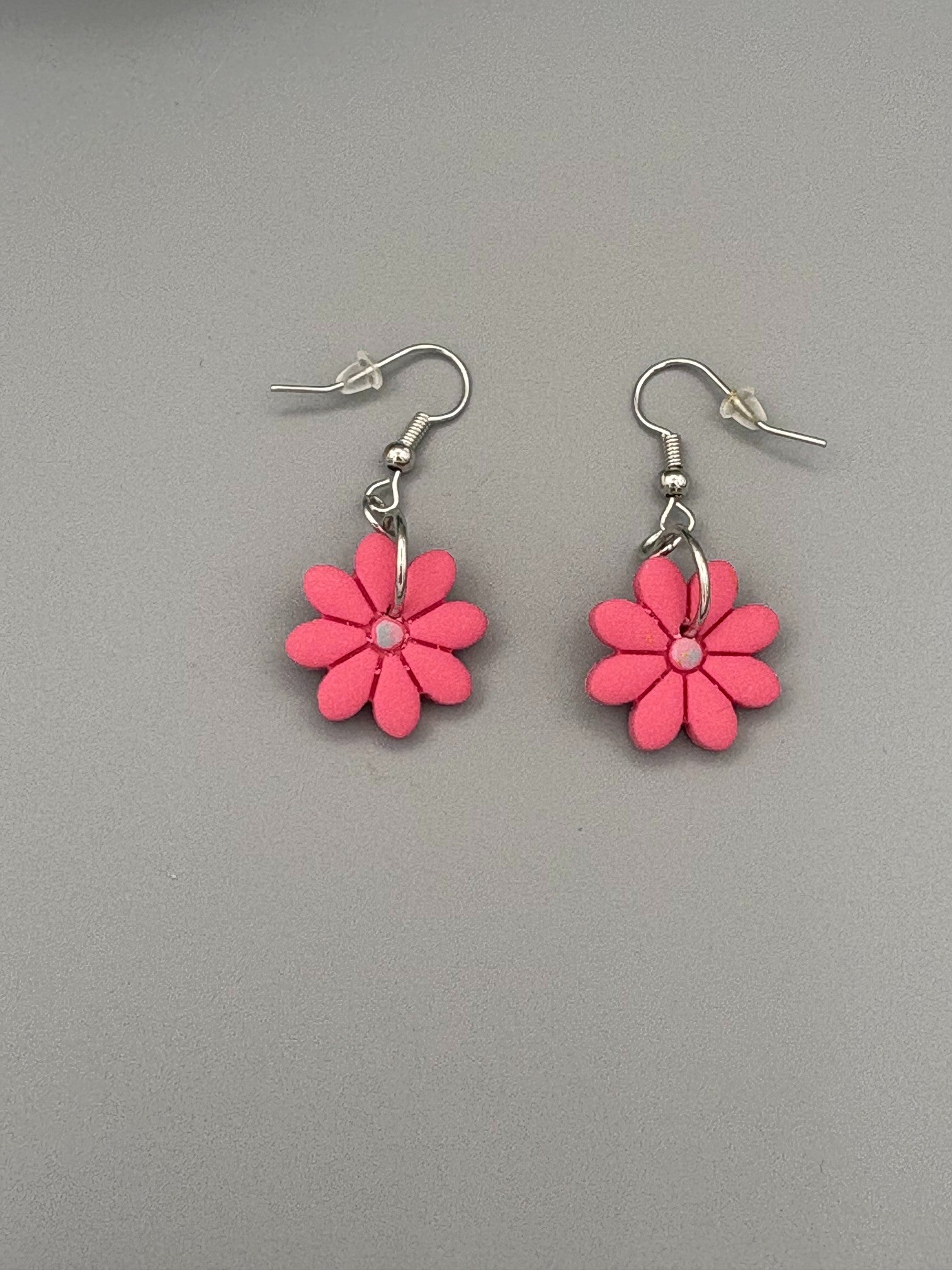 Pink Flower Dangle Earrings - handcrafted polymer clay earrings by Lakeside Clay