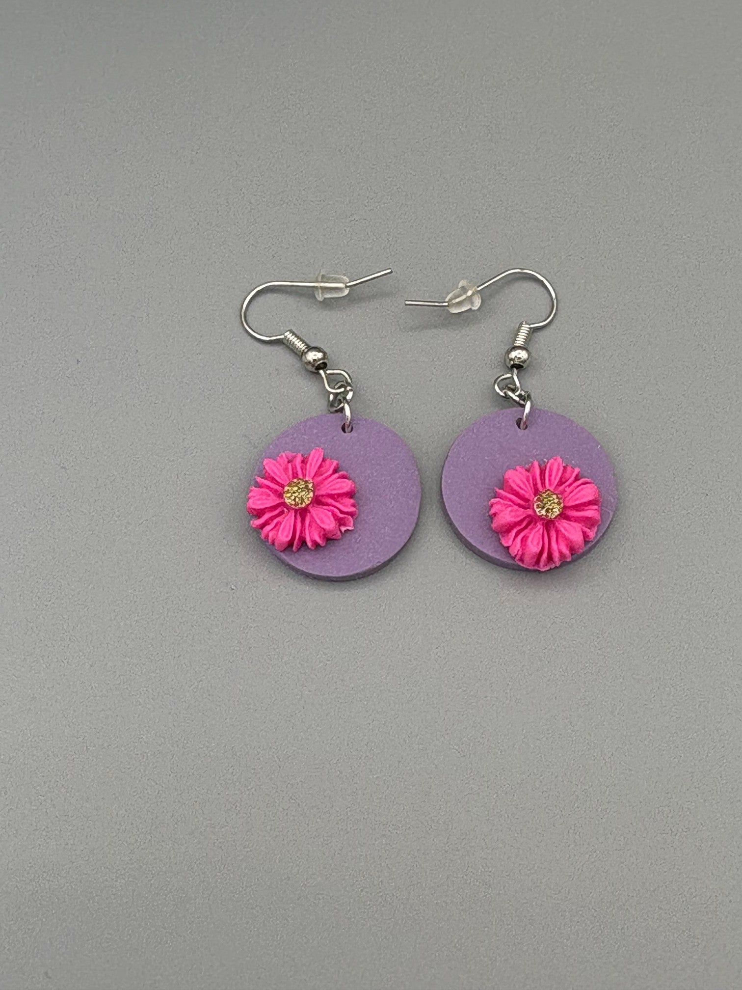 Pink Flowers Dangle Earrings - handcrafted polymer clay earrings by Lakeside Clay