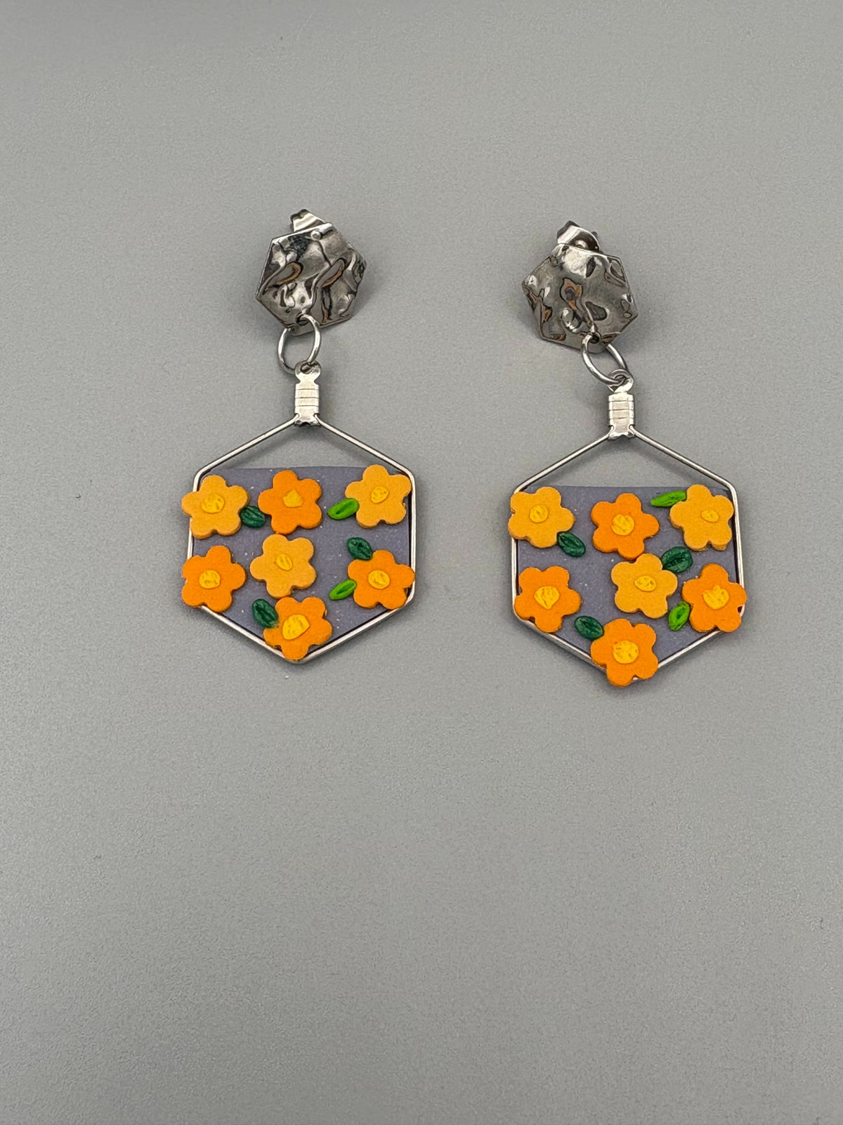 Orange Crush Hexagon Dangle Earrings - handcrafted polymer clay earrings by Lakeside Clay