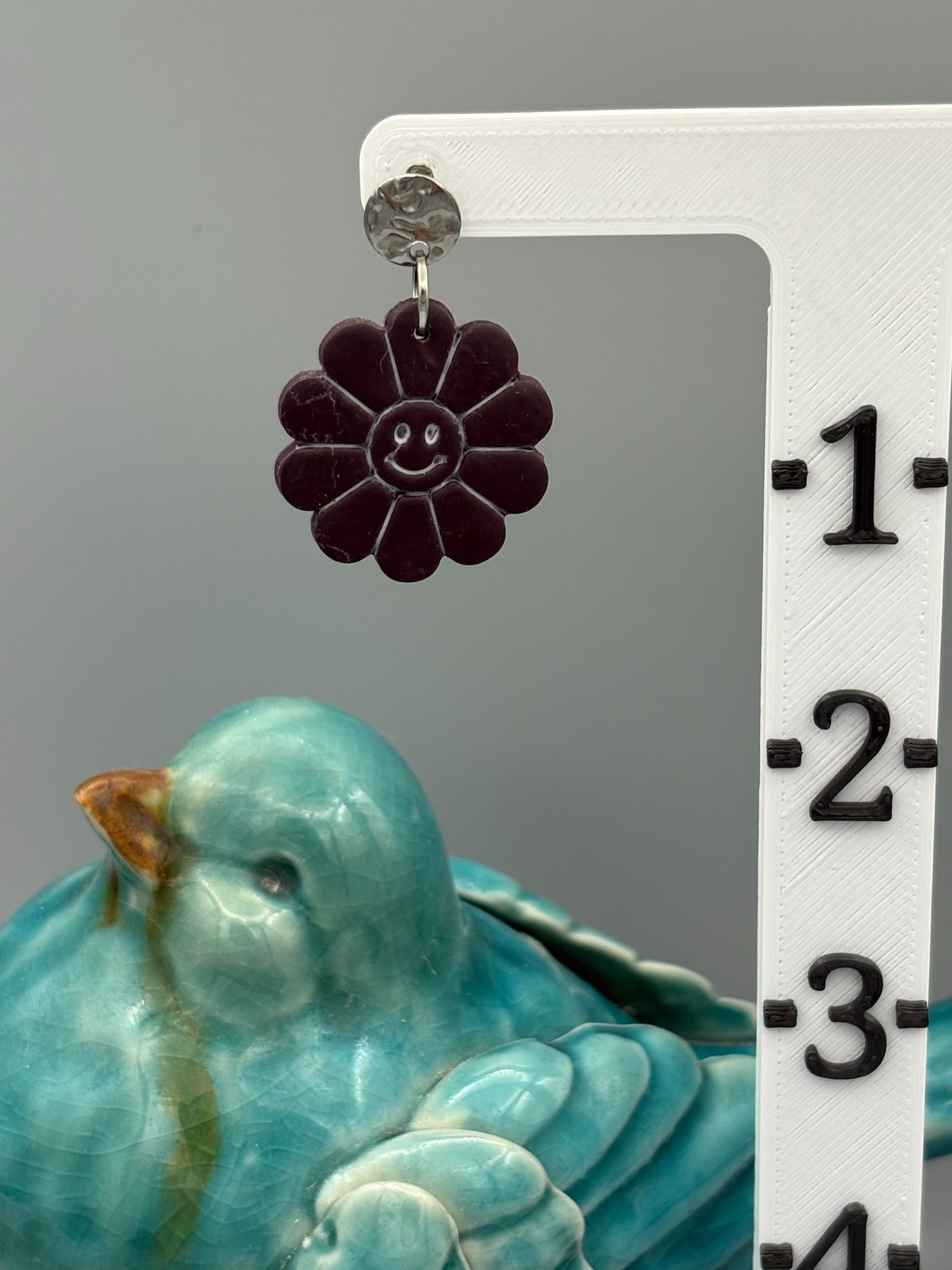 Midnight Purple Smiley Flower Dangle Earrings - handcrafted polymer clay earrings by Lakeside Clay
