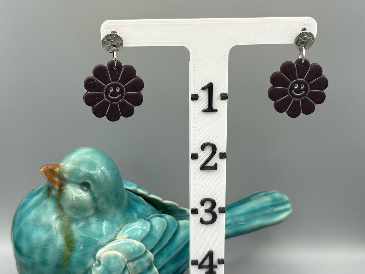 Midnight Purple Smiley Flower Dangle Earrings - handcrafted polymer clay earrings by Lakeside Clay