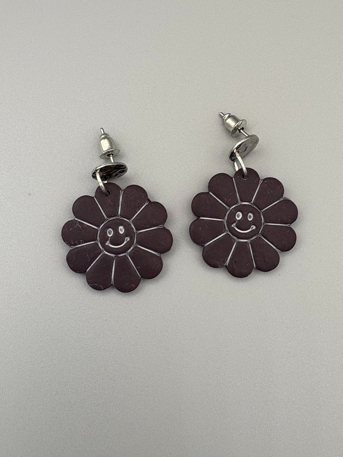 Midnight Purple Smiley Flower Dangle Earrings - handcrafted polymer clay earrings by Lakeside Clay