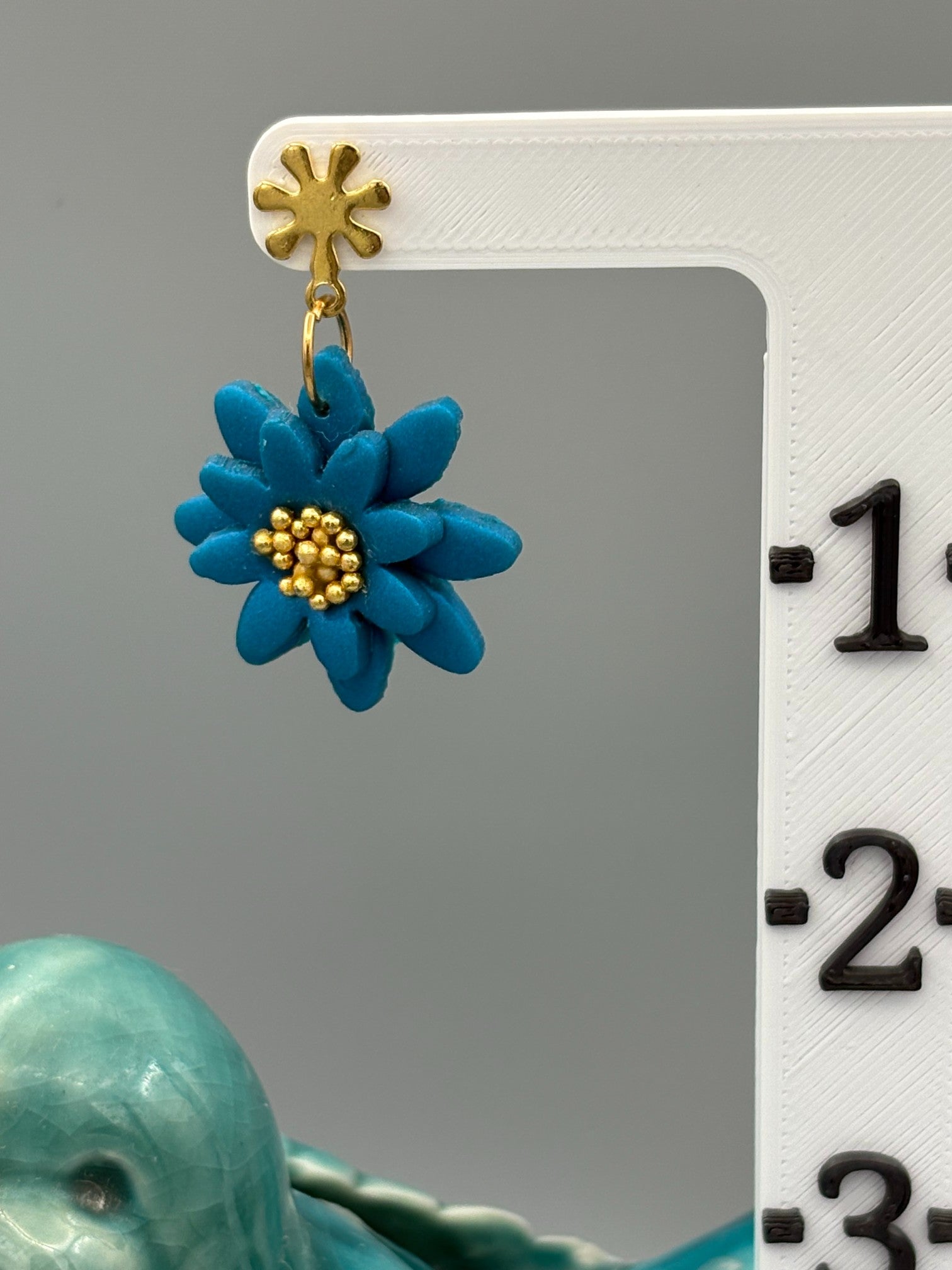 Teal 3D Flower Dangle Earrings - handcrafted polymer clay earrings by Lakeside Clay