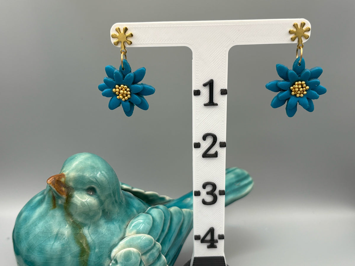 Teal 3D Flower Dangle Earrings - handcrafted polymer clay earrings by Lakeside Clay