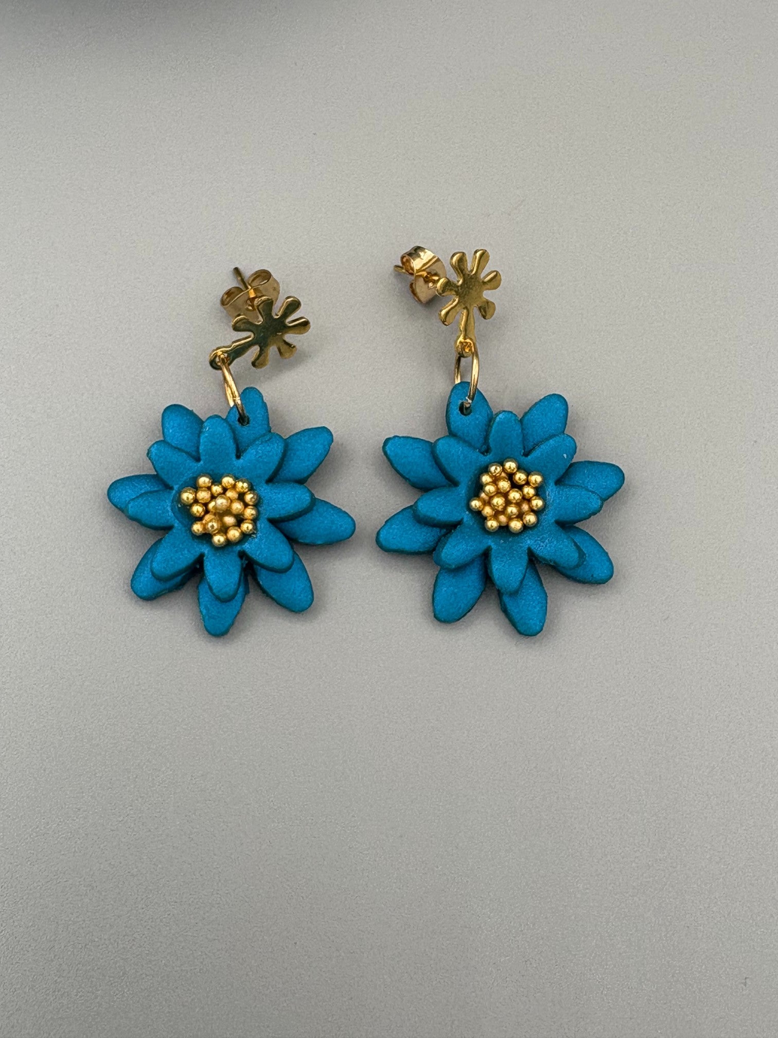 Teal 3D Flower Dangle Earrings - handcrafted polymer clay earrings by Lakeside Clay