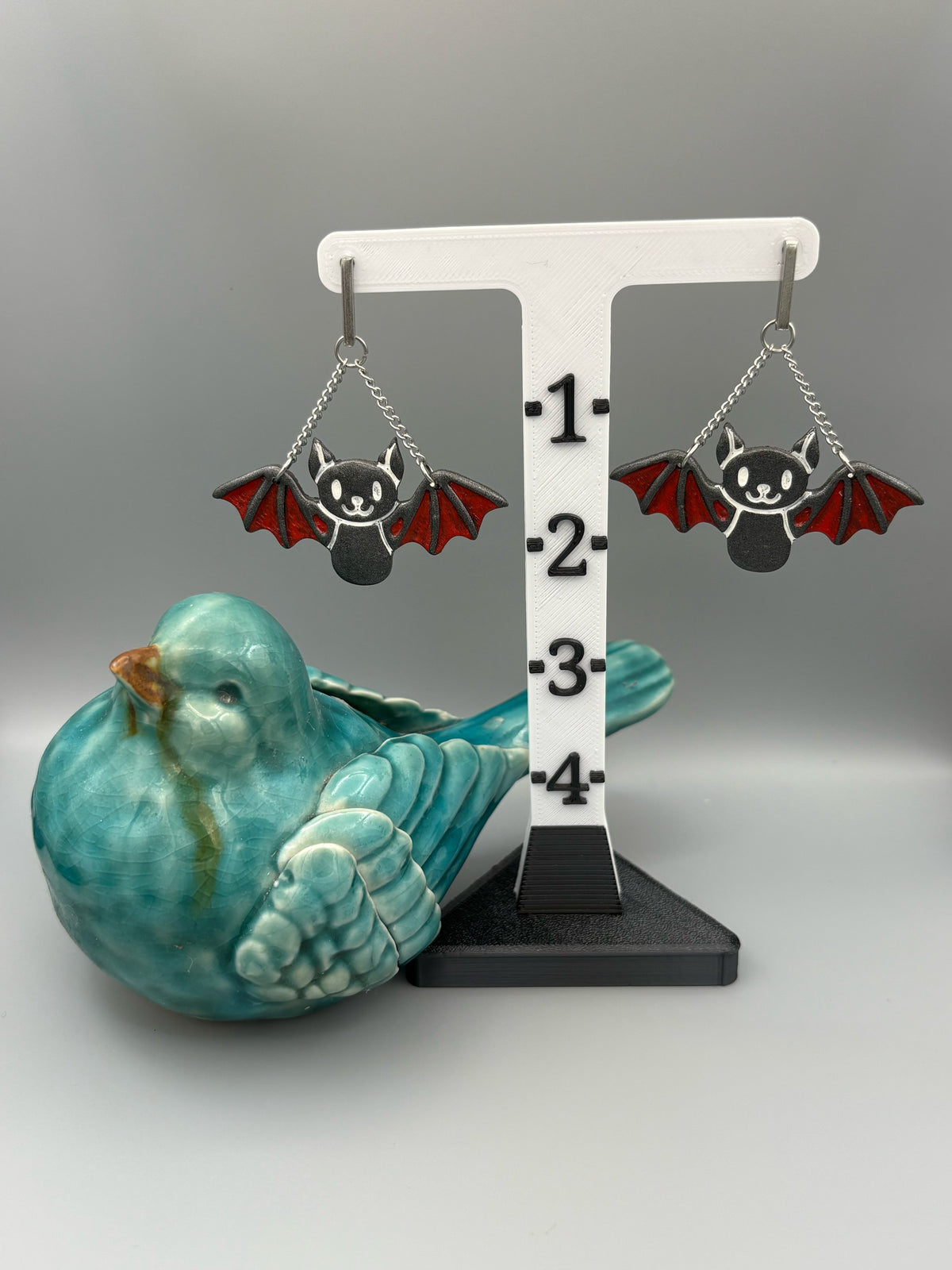 Graphite Bat Dangle Earrings - handcrafted polymer clay earrings by Lakeside Clay
