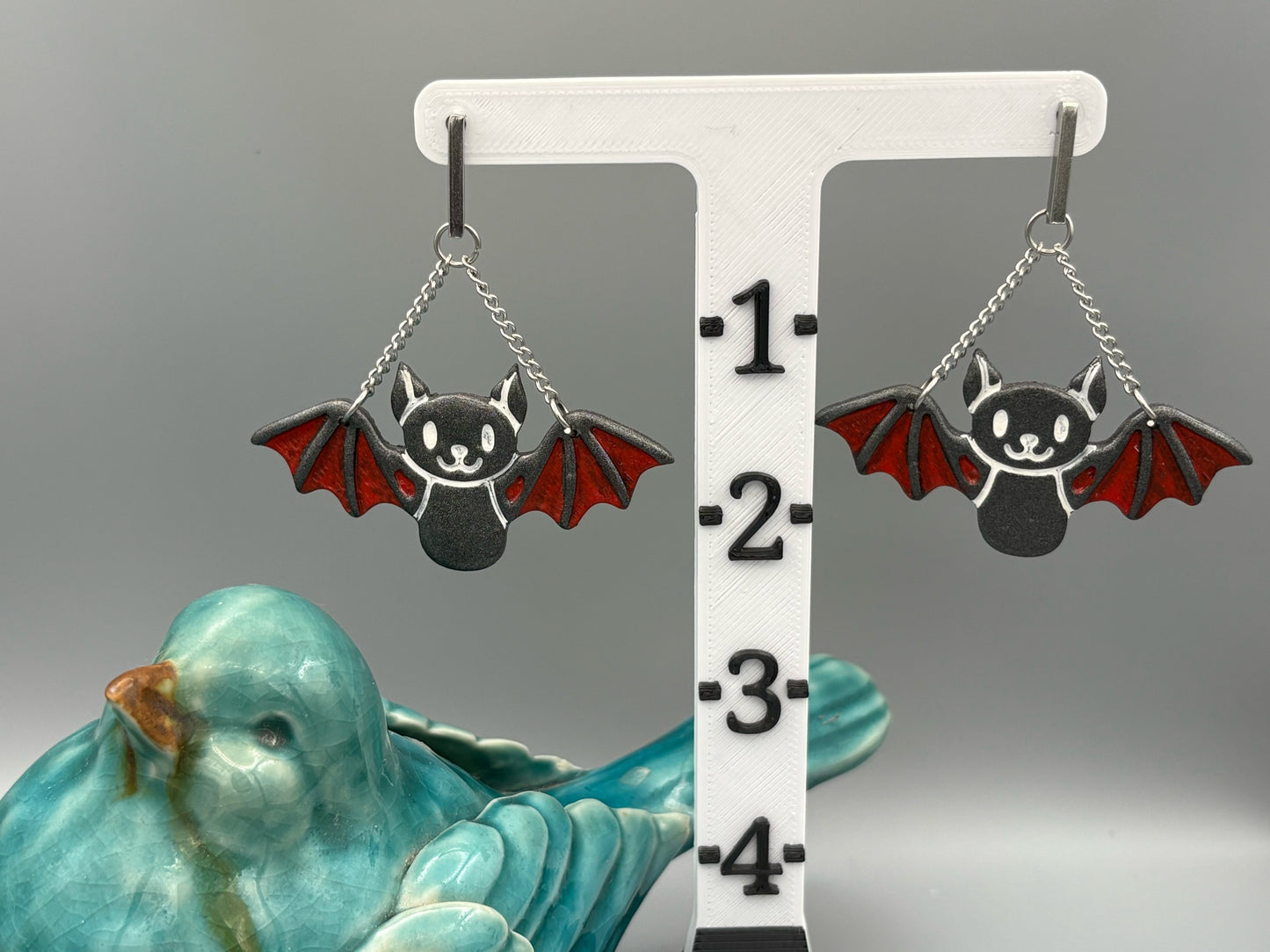 Graphite Bat Dangle Earrings - handcrafted polymer clay earrings by Lakeside Clay