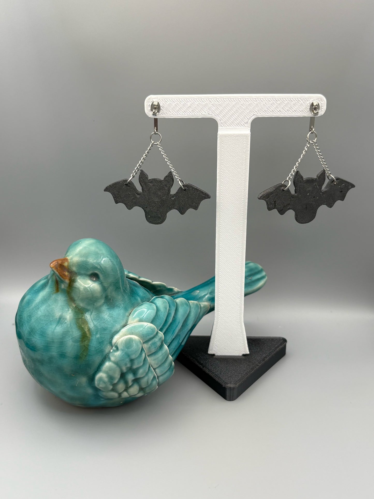 Graphite Bat Dangle Earrings - handcrafted polymer clay earrings by Lakeside Clay