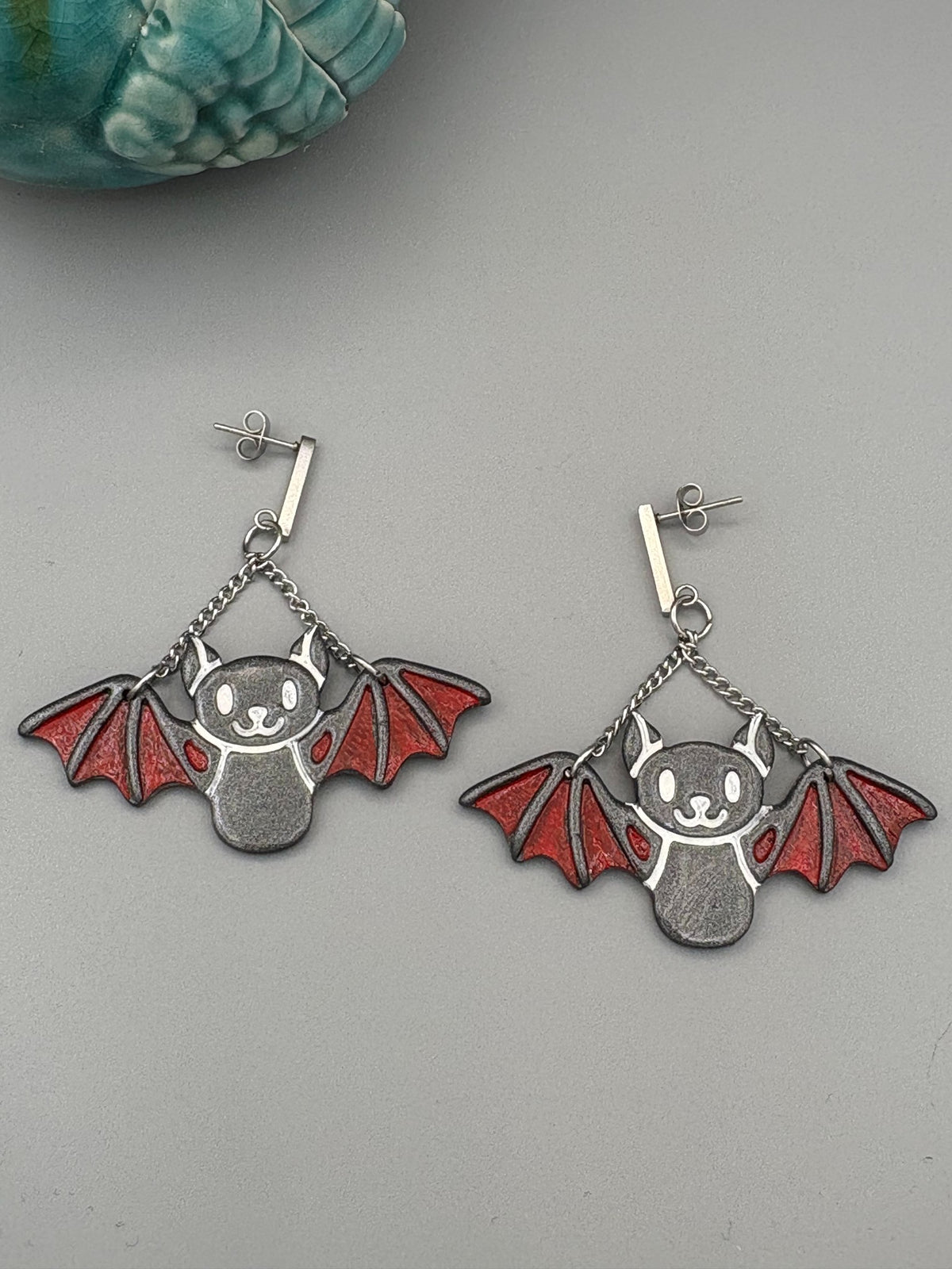 Graphite Bat Dangle Earrings - handcrafted polymer clay earrings by Lakeside Clay