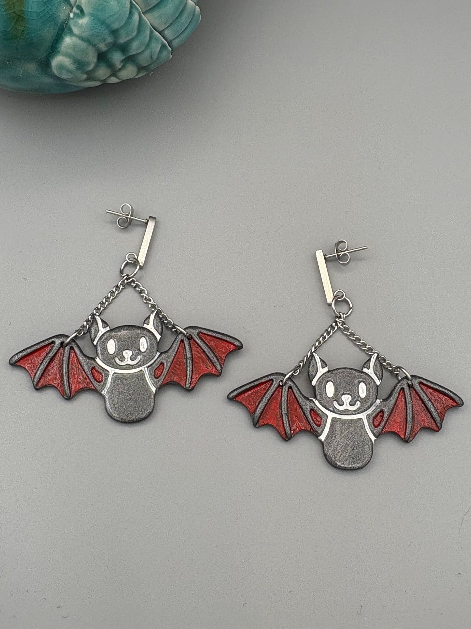 Graphite Bat Dangle Earrings - handcrafted polymer clay earrings by Lakeside Clay