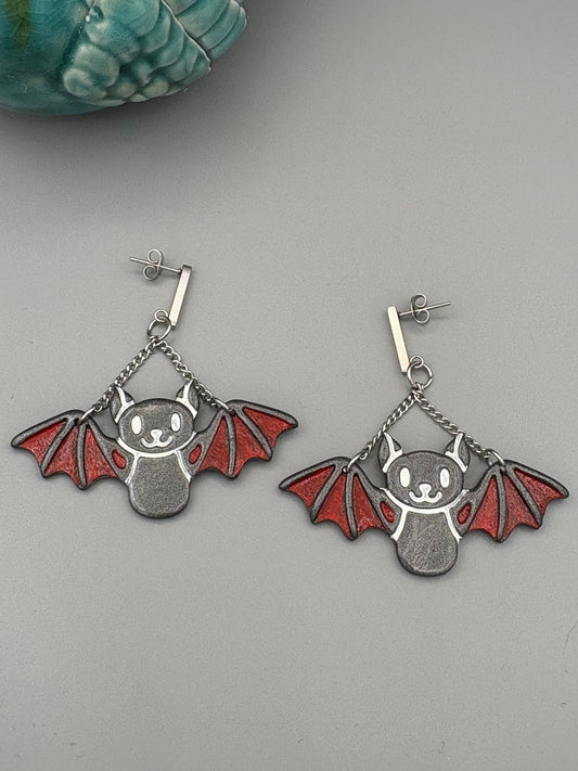 Graphite Bat Dangle Earrings - handcrafted polymer clay earrings by Lakeside Clay