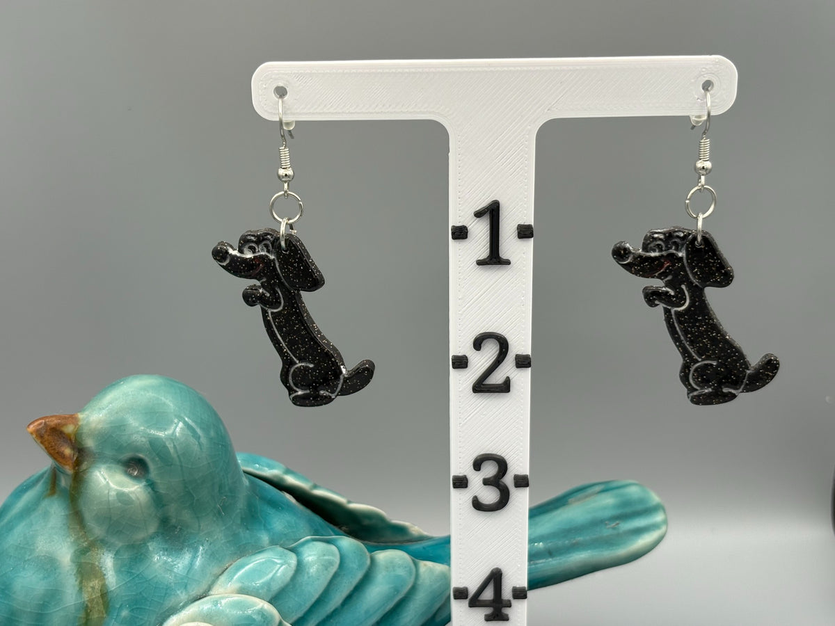 Sparkly Black Begging Dog Dangle Earrings - handcrafted polymer clay earrings by Lakeside Clay