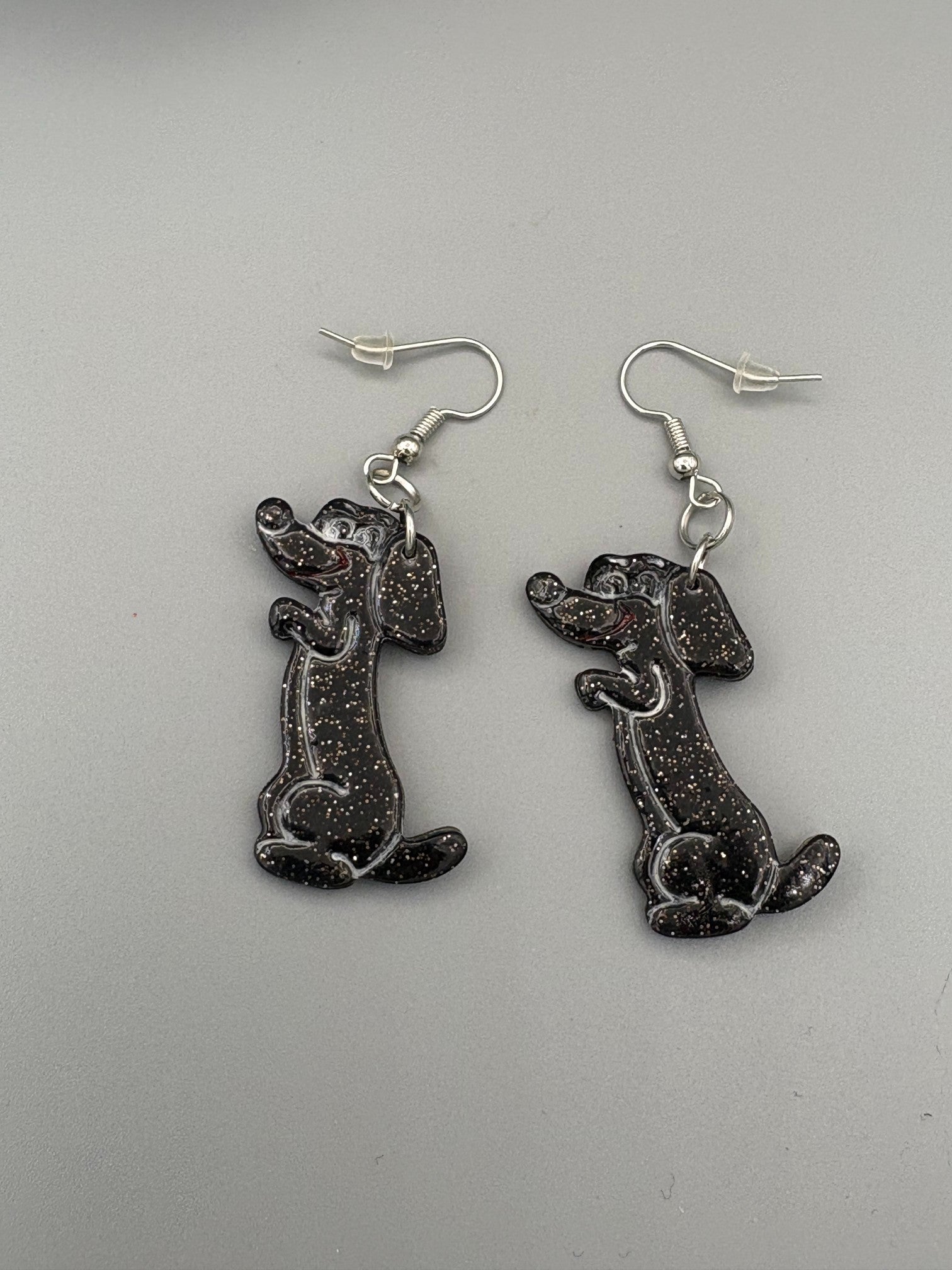 Sparkly Black Begging Dog Dangle Earrings - handcrafted polymer clay earrings by Lakeside Clay
