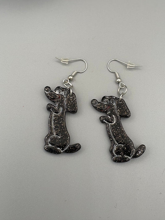 Sparkly Black Begging Dog Dangle Earrings - handcrafted polymer clay earrings by Lakeside Clay