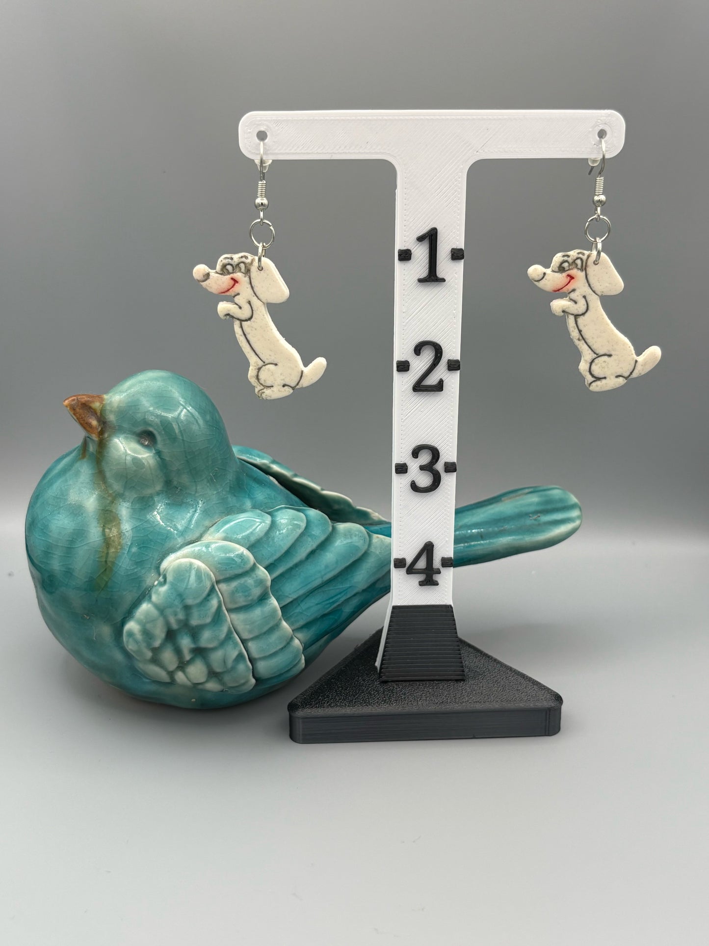 Sparkly White Begging Dog Dangle Earrings - handcrafted polymer clay earrings by Lakeside Clay