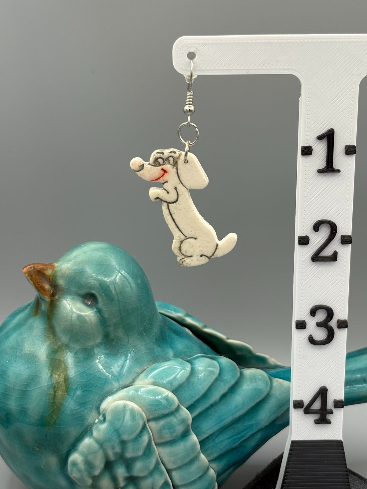 Sparkly White Begging Dog Dangle Earrings - handcrafted polymer clay earrings by Lakeside Clay