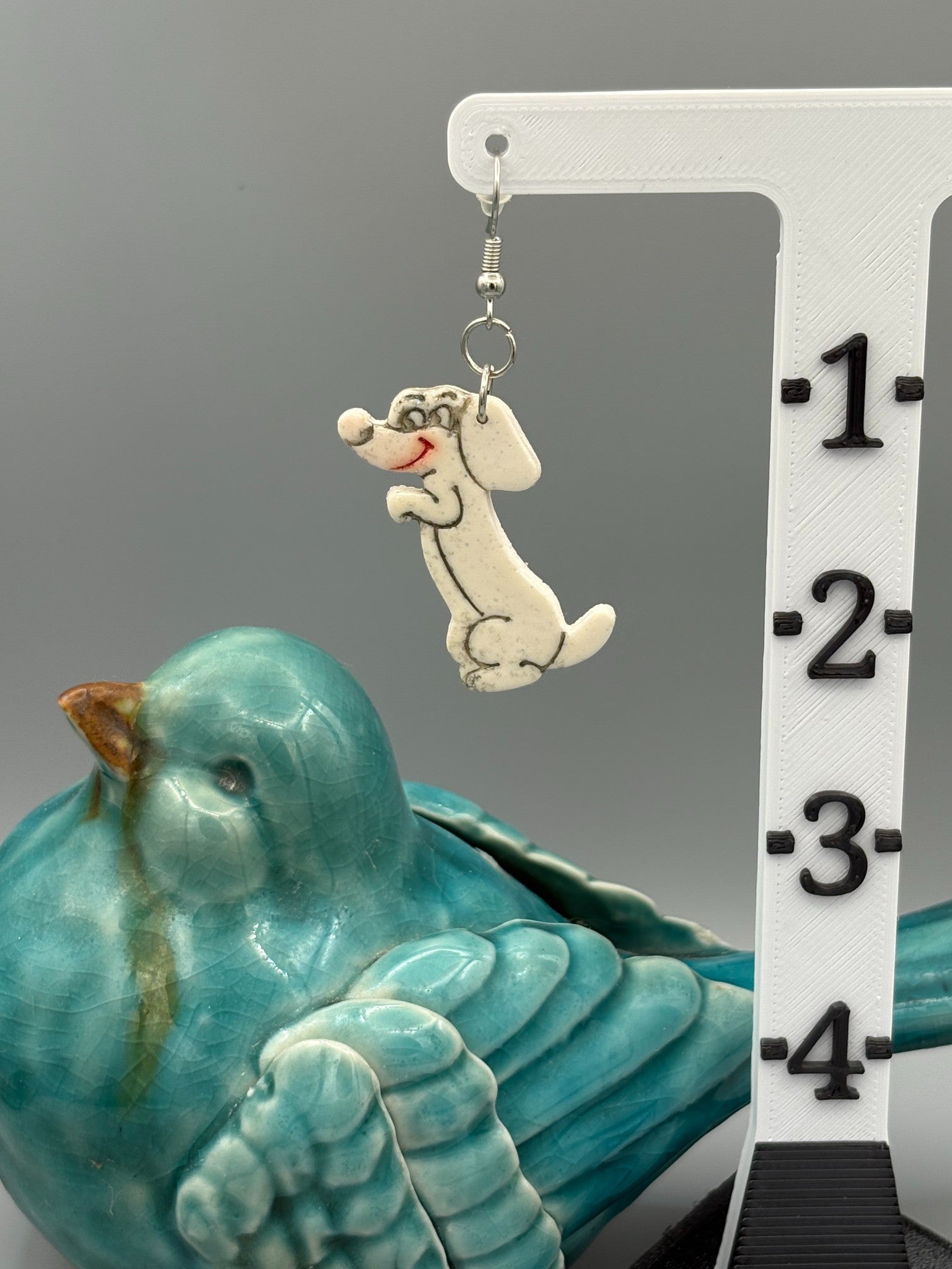 Sparkly White Begging Dog Dangle Earrings - handcrafted polymer clay earrings by Lakeside Clay