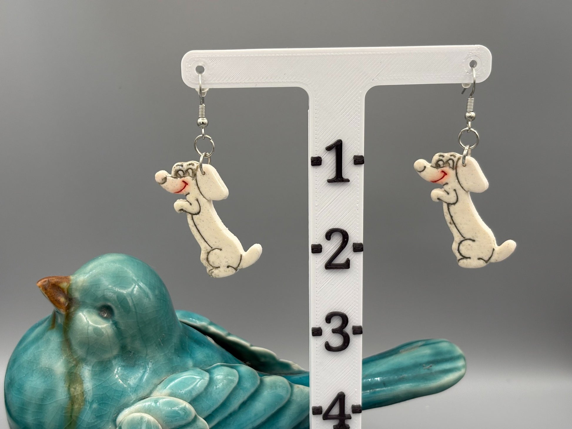 Sparkly White Begging Dog Dangle Earrings - handcrafted polymer clay earrings by Lakeside Clay
