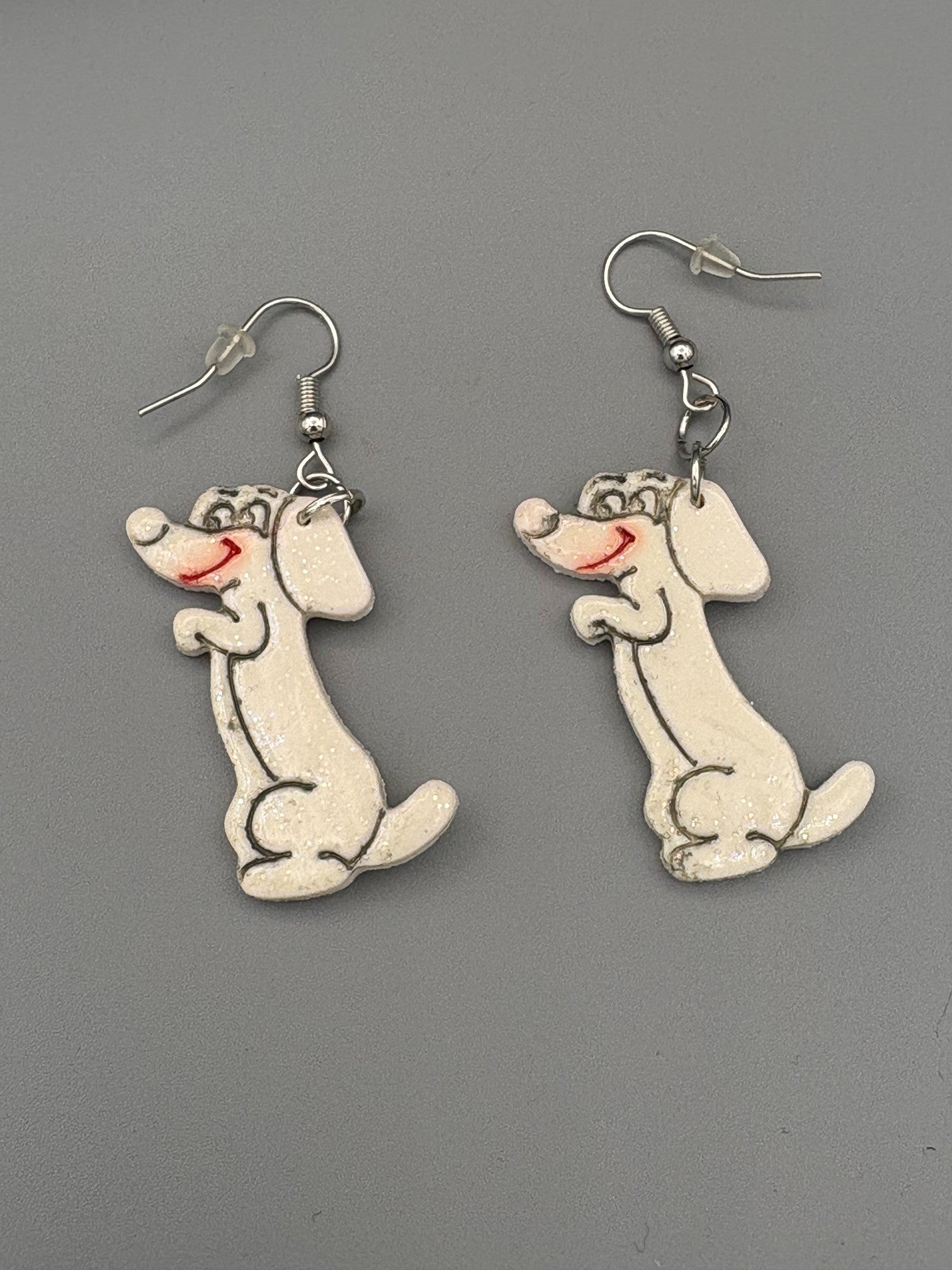 Sparkly White Begging Dog Dangle Earrings - handcrafted polymer clay earrings by Lakeside Clay