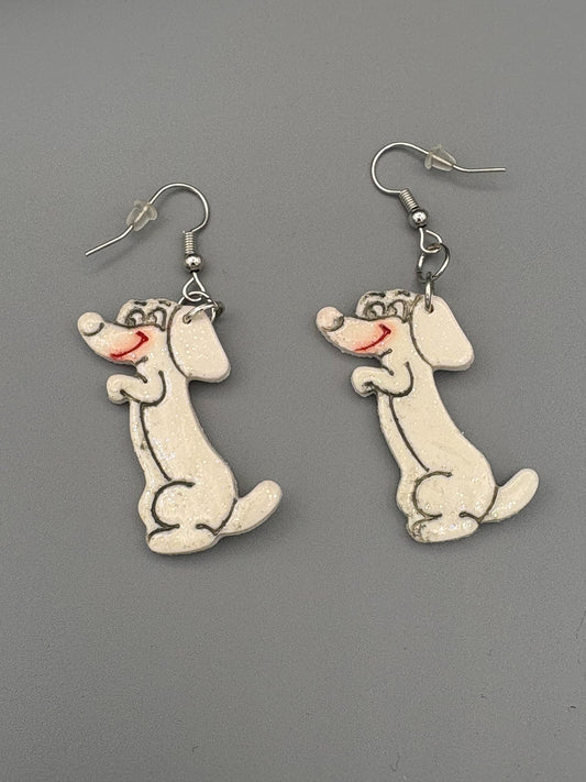 Sparkly White Begging Dog Dangle Earrings - handcrafted polymer clay earrings by Lakeside Clay