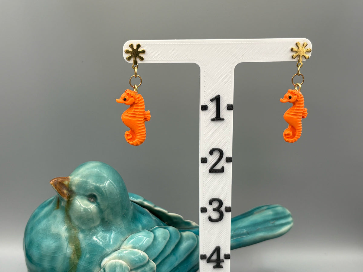 Orange Seahorse Dangle Earrings - handcrafted polymer clay earrings by Lakeside Clay