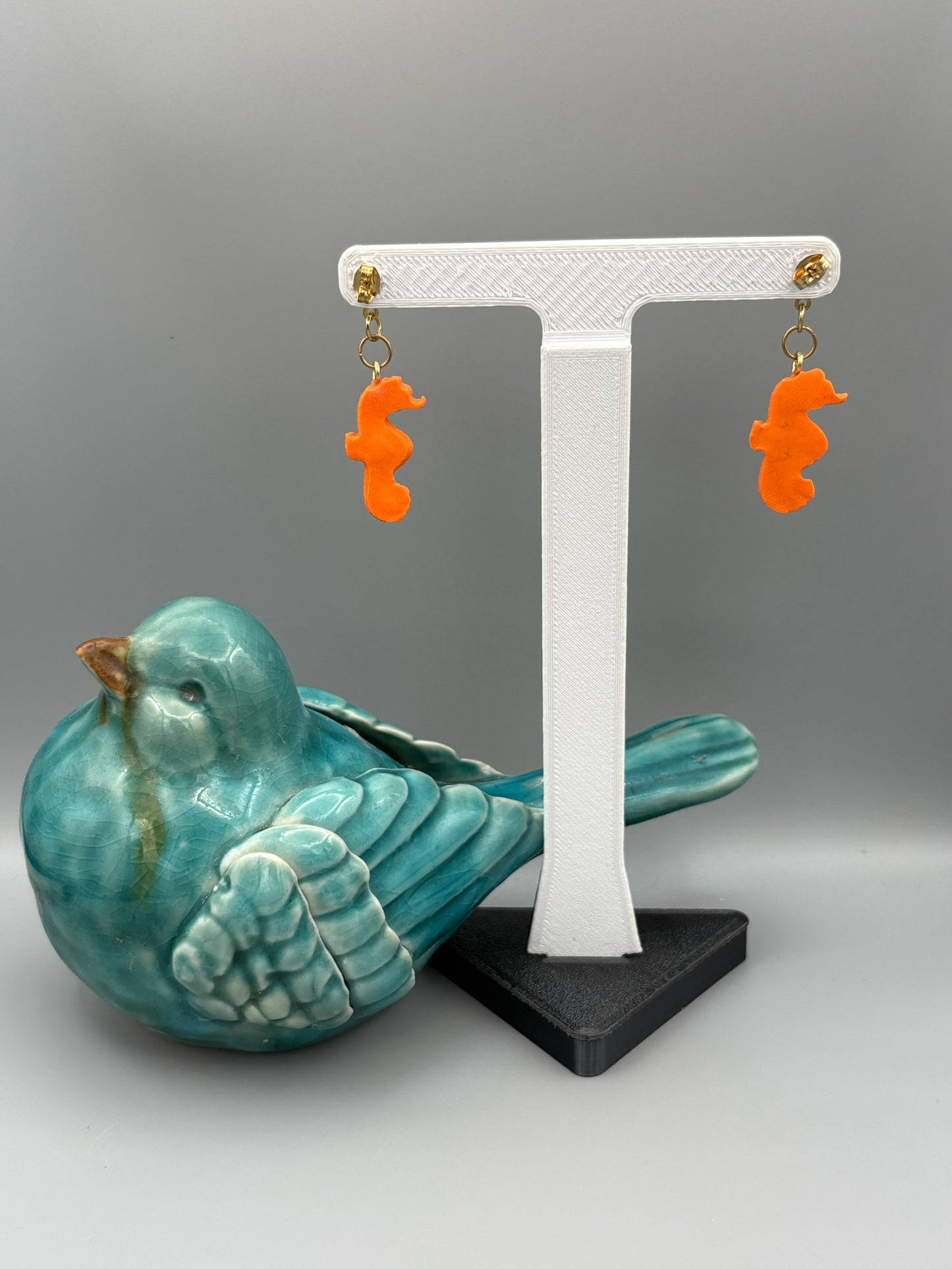 Orange Seahorse Dangle Earrings - handcrafted polymer clay earrings by Lakeside Clay