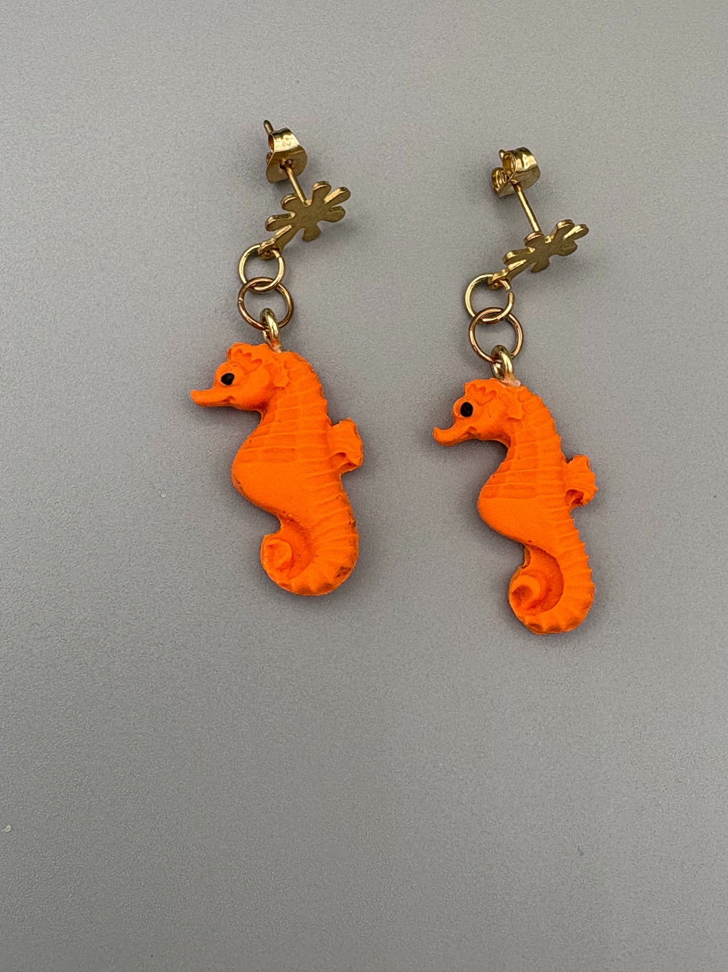 Orange Seahorse Dangle Earrings - handcrafted polymer clay earrings by Lakeside Clay