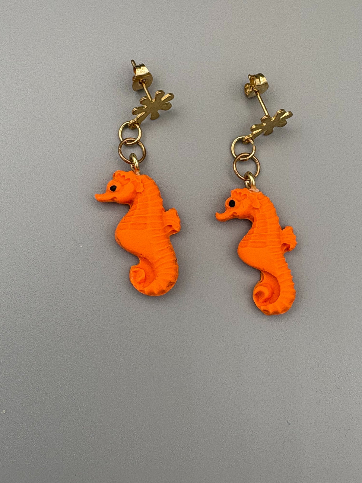 Orange Seahorse Dangle Earrings - handcrafted polymer clay earrings by Lakeside Clay