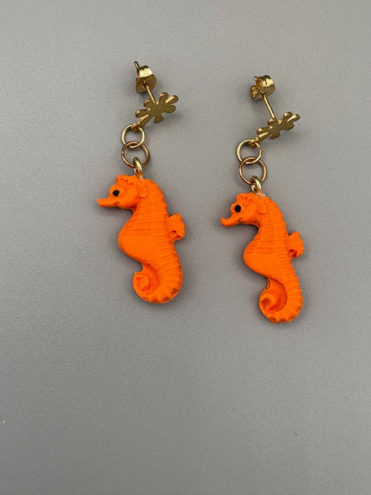 Orange Seahorse Dangle Earrings - handcrafted polymer clay earrings by Lakeside Clay