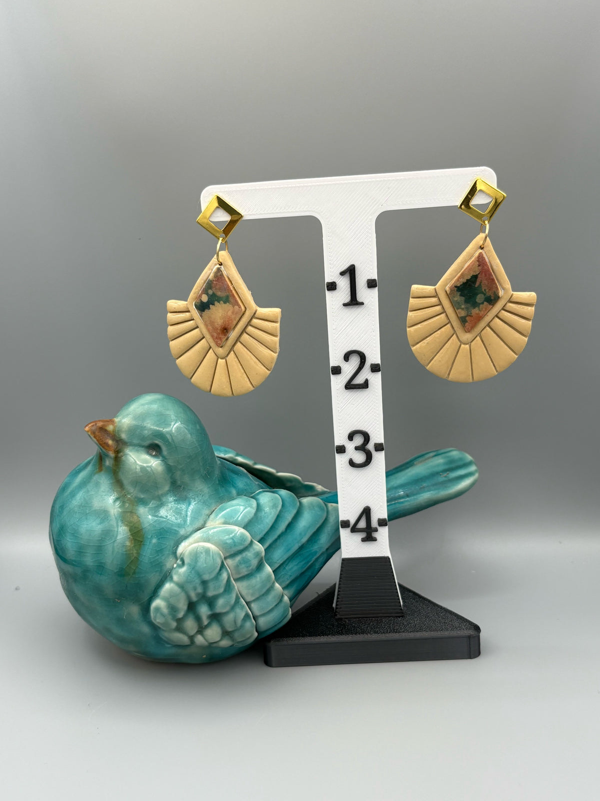 Flower Pattern Diamond Fan Dangle Earrings - handcrafted polymer clay earrings by Lakeside Clay