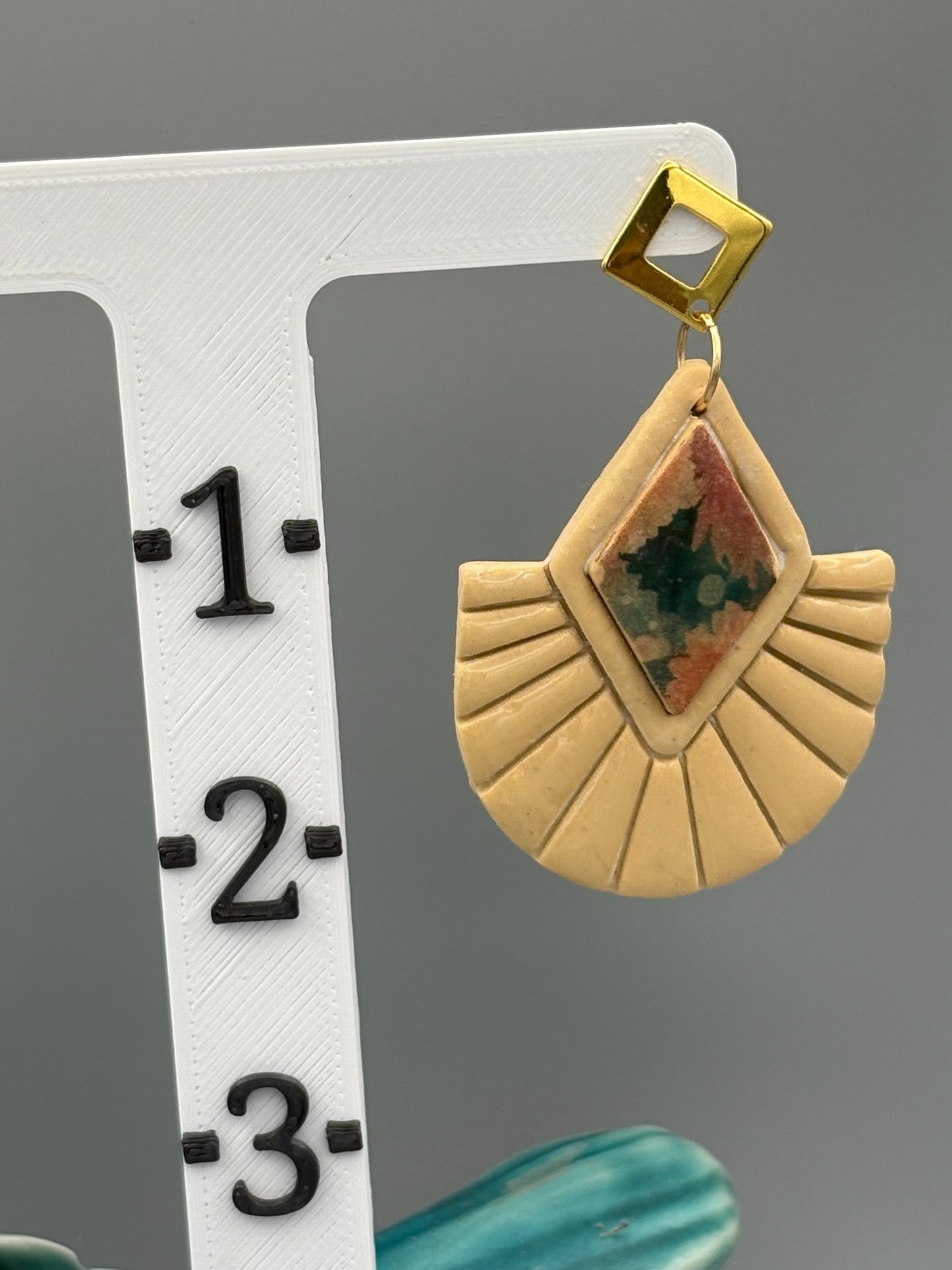Flower Pattern Diamond Fan Dangle Earrings - handcrafted polymer clay earrings by Lakeside Clay