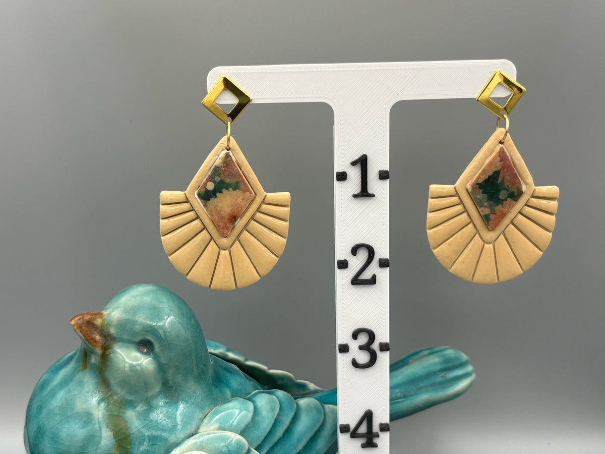 Flower Pattern Diamond Fan Dangle Earrings - handcrafted polymer clay earrings by Lakeside Clay