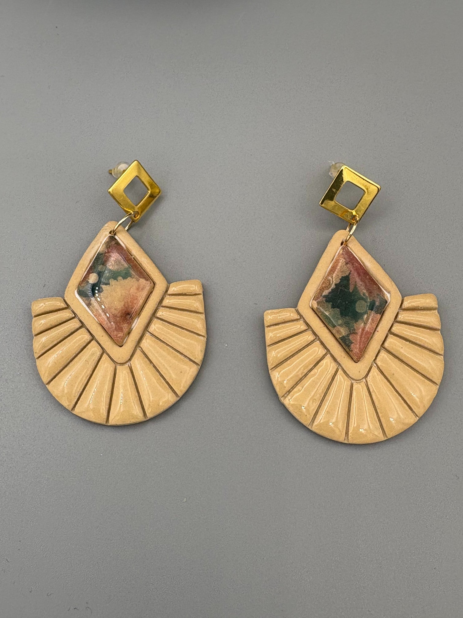 Flower Pattern Diamond Fan Dangle Earrings - handcrafted polymer clay earrings by Lakeside Clay