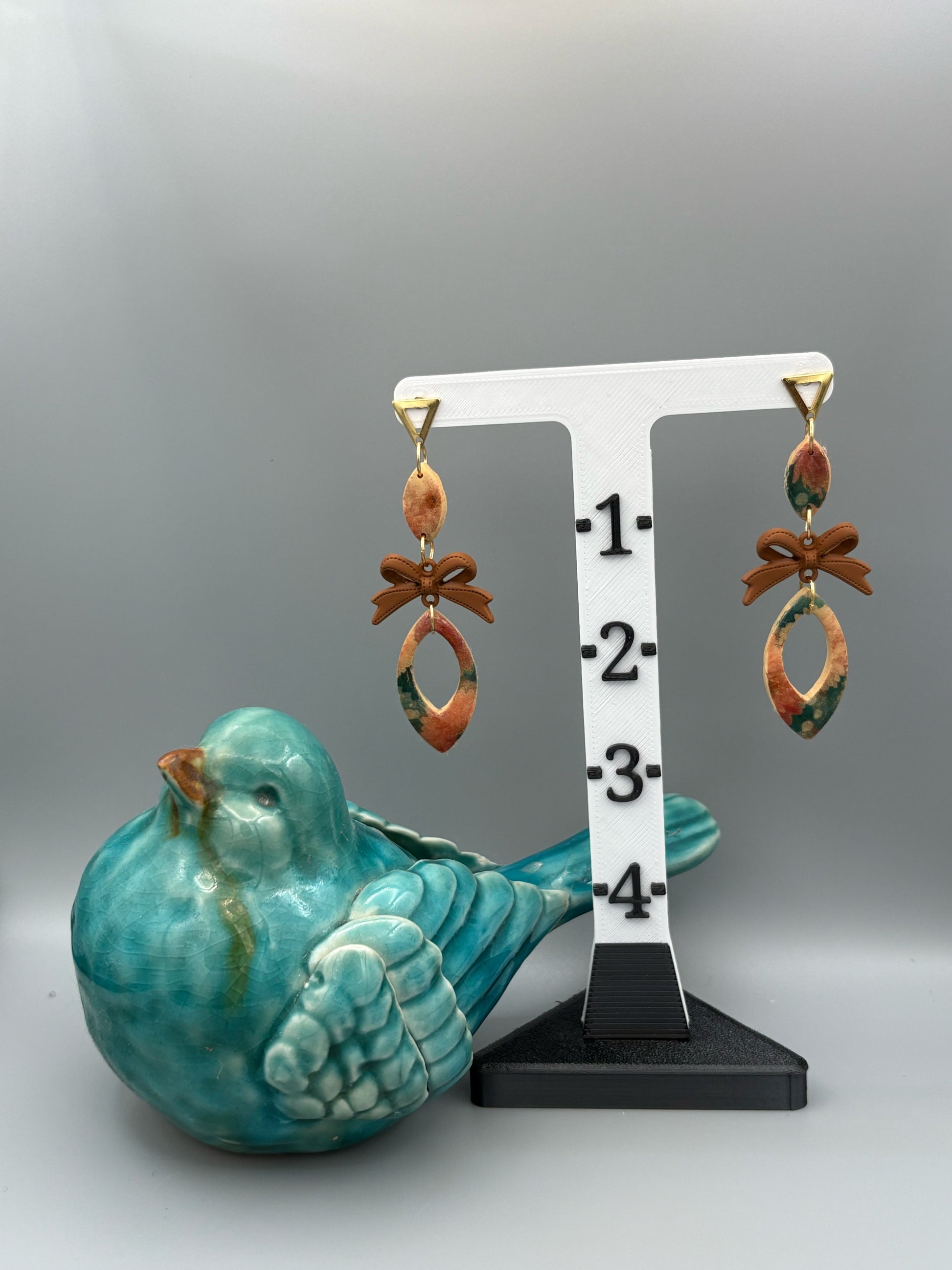 Flower Pattern Drop with Bow Dangle Earrings - handcrafted polymer clay earrings by Lakeside Clay