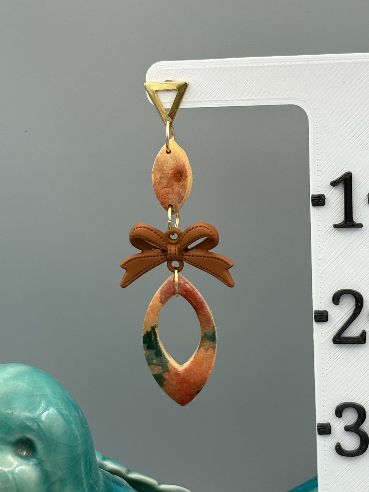 Flower Pattern Drop with Bow Dangle Earrings - handcrafted polymer clay earrings by Lakeside Clay