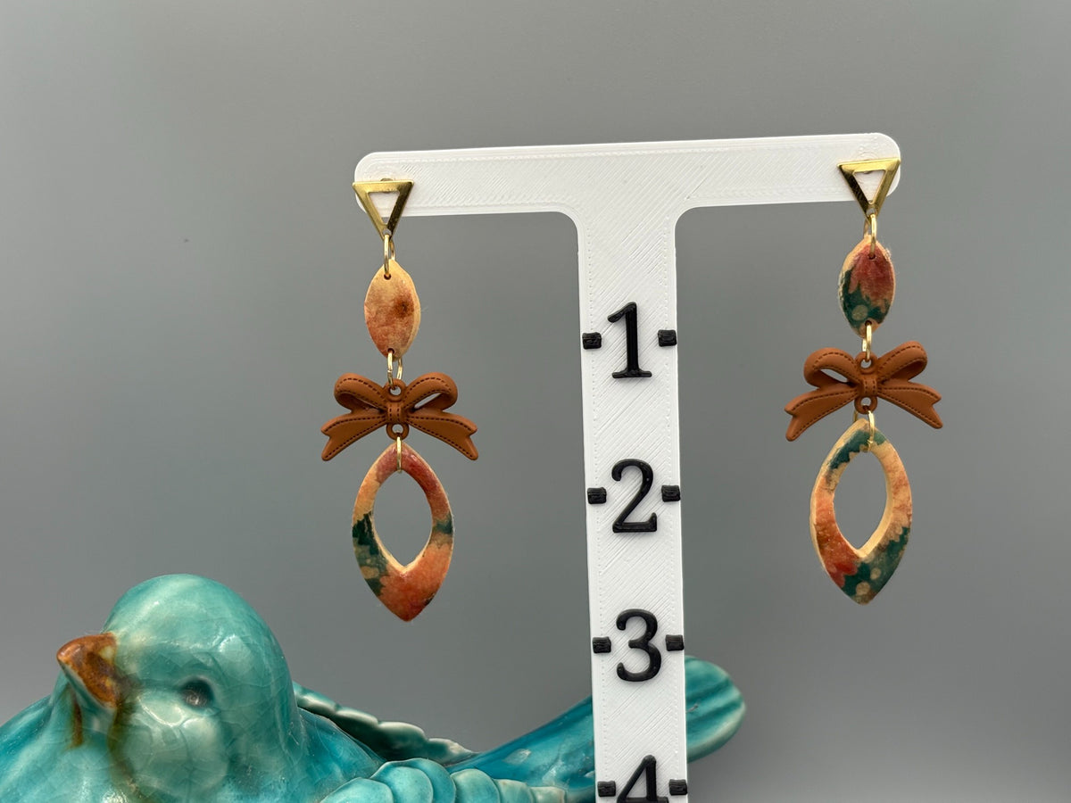 Flower Pattern Drop with Bow Dangle Earrings - handcrafted polymer clay earrings by Lakeside Clay