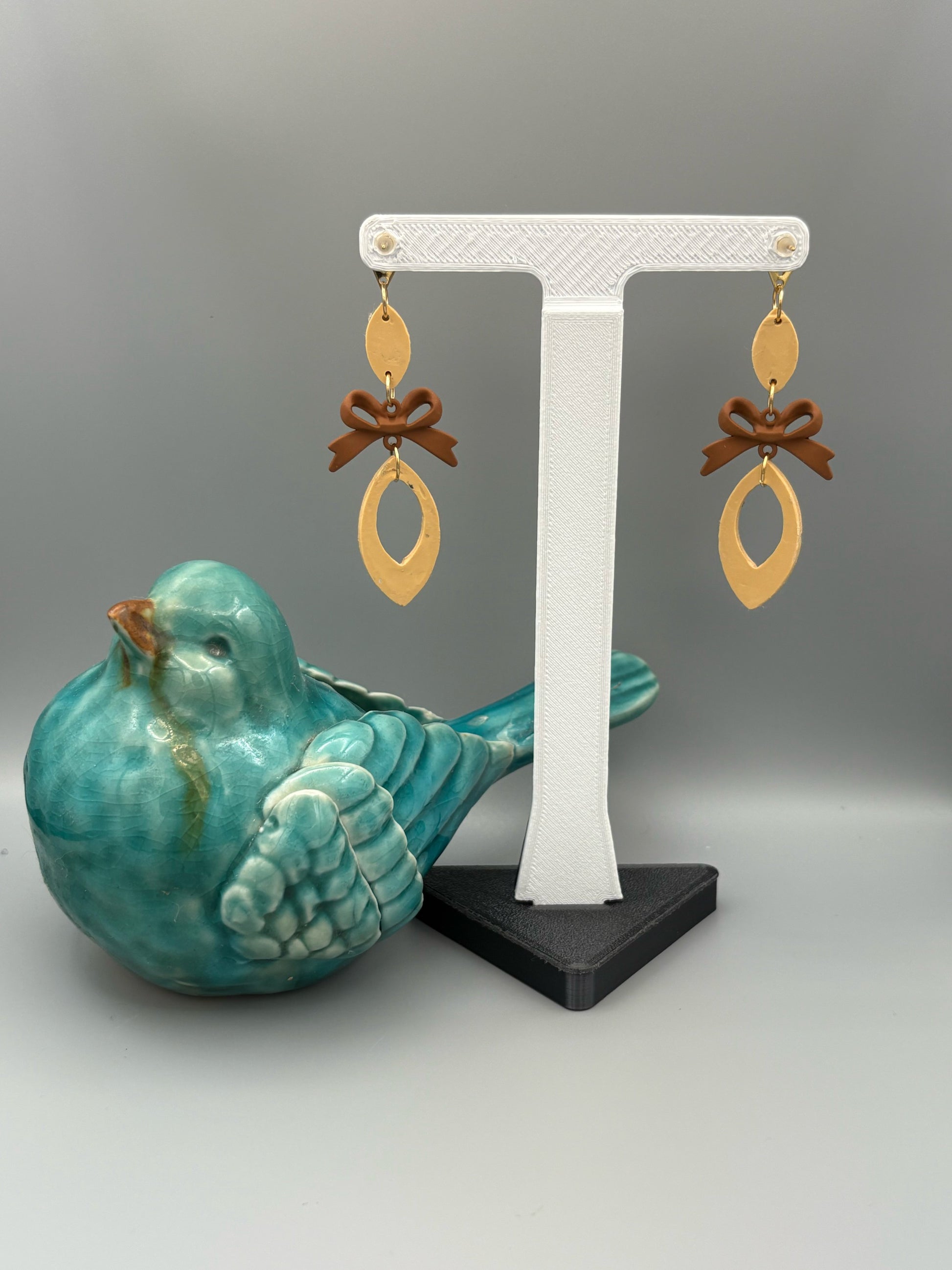 Flower Pattern Drop with Bow Dangle Earrings - handcrafted polymer clay earrings by Lakeside Clay