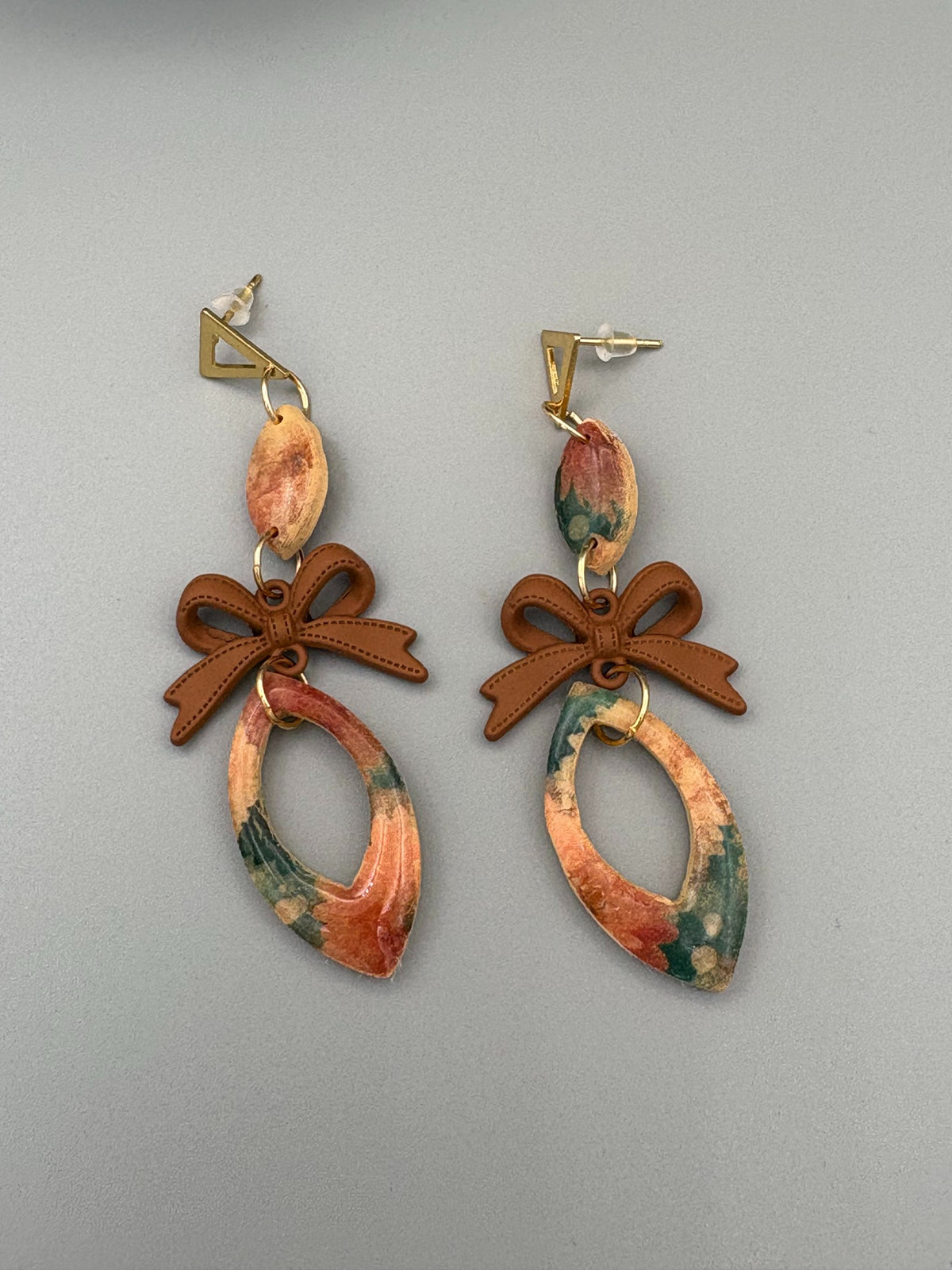 Flower Pattern Drop with Bow Dangle Earrings - handcrafted polymer clay earrings by Lakeside Clay