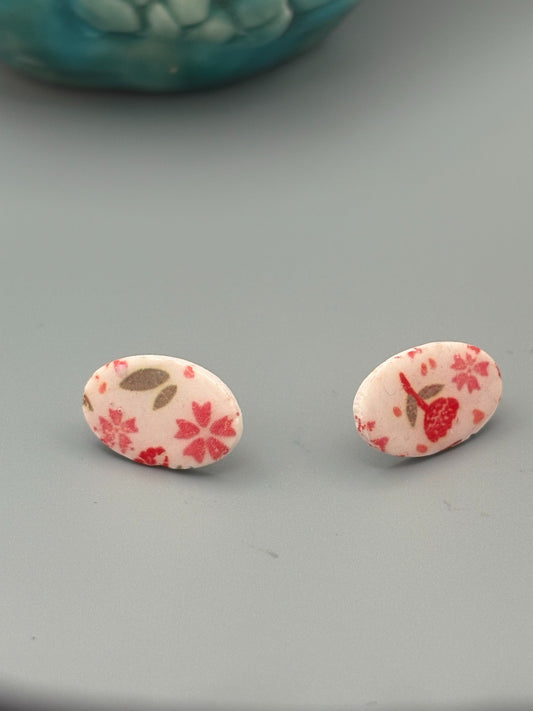Flower Pattern Oval Stud Earrings - handcrafted polymer clay earrings by Lakeside Clay