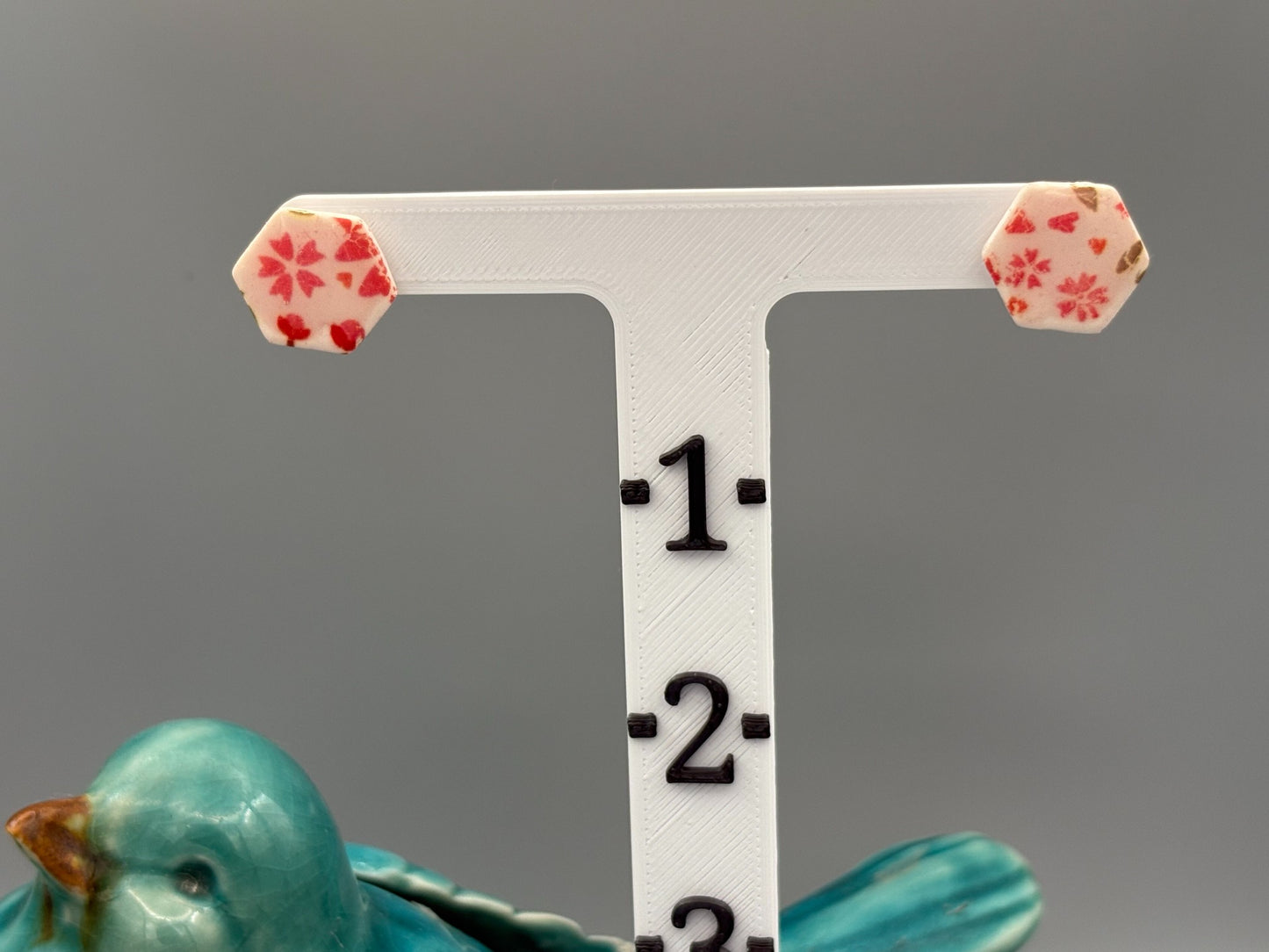 Flower Pattern Hexagon Stud Earrings - handcrafted polymer clay earrings by Lakeside Clay