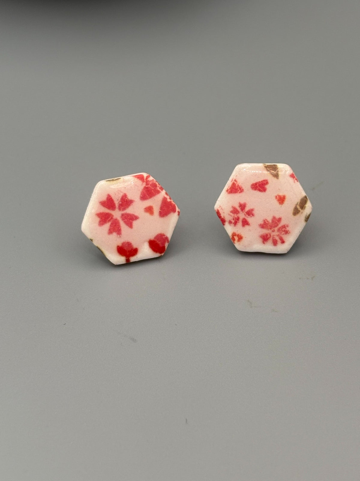 Flower Pattern Hexagon Stud Earrings - handcrafted polymer clay earrings by Lakeside Clay