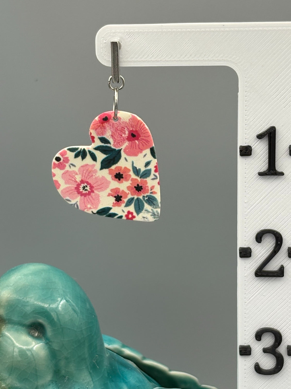 Flower Pattern Heart Dangle Earrings - handcrafted polymer clay earrings by Lakeside Clay