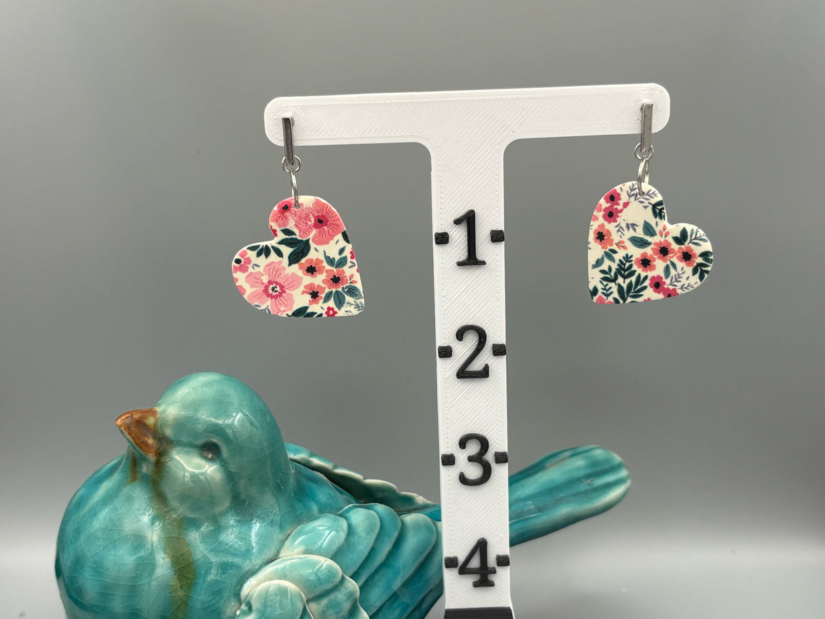 Flower Pattern Heart Dangle Earrings - handcrafted polymer clay earrings by Lakeside Clay