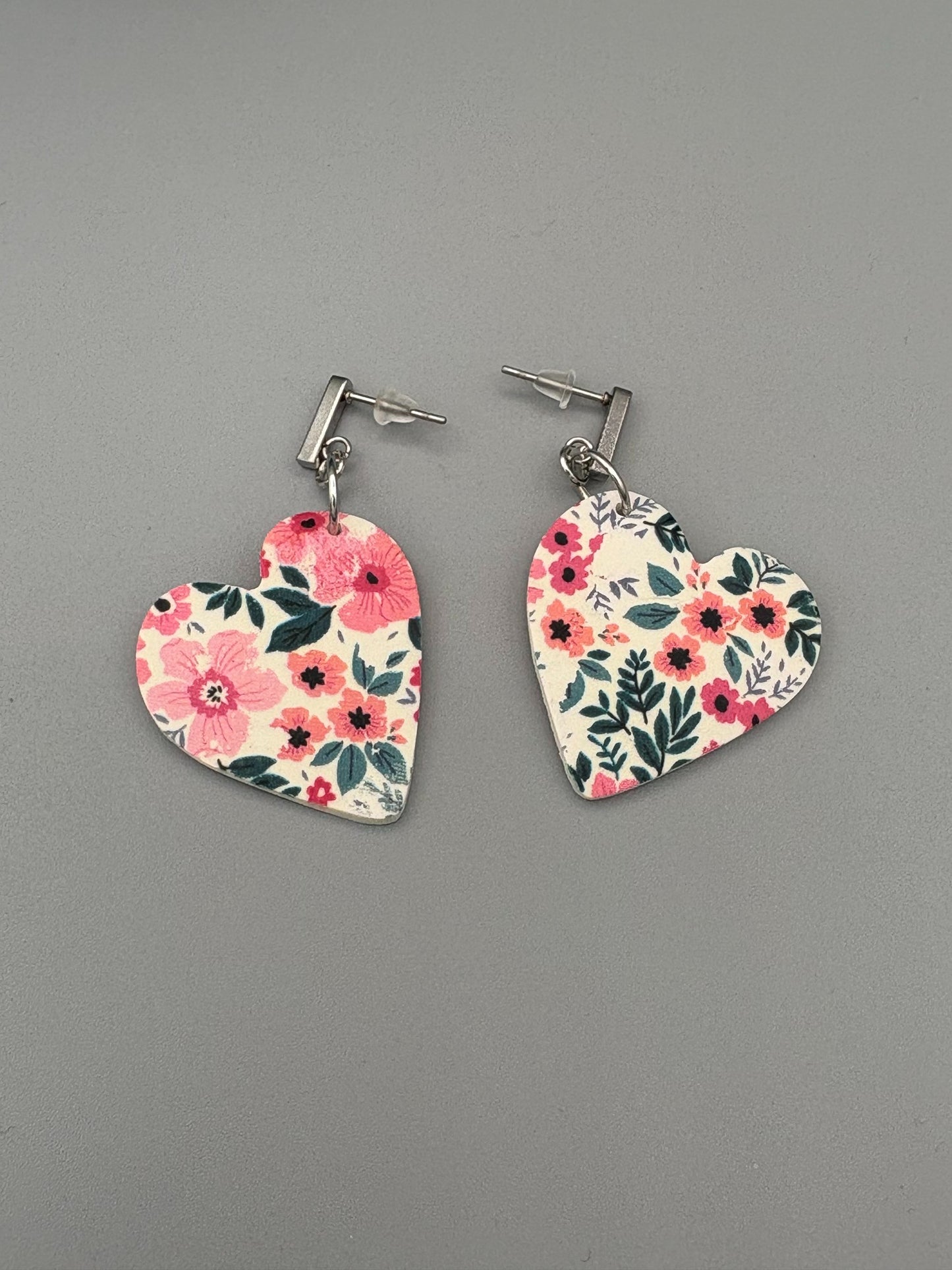 Flower Pattern Heart Dangle Earrings - handcrafted polymer clay earrings by Lakeside Clay