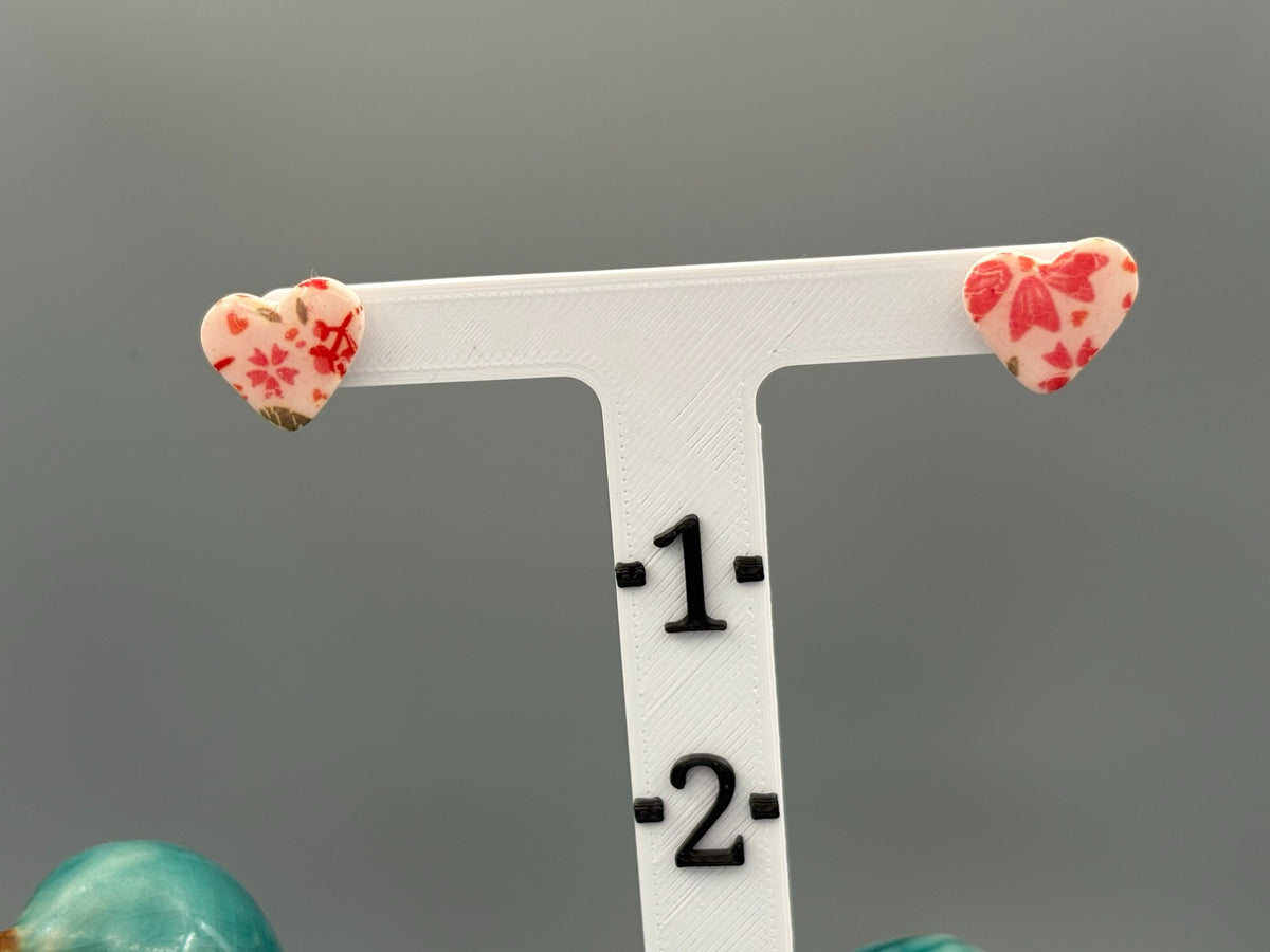 Flower Pattern Heart Stud Earrings - handcrafted polymer clay earrings by Lakeside Clay