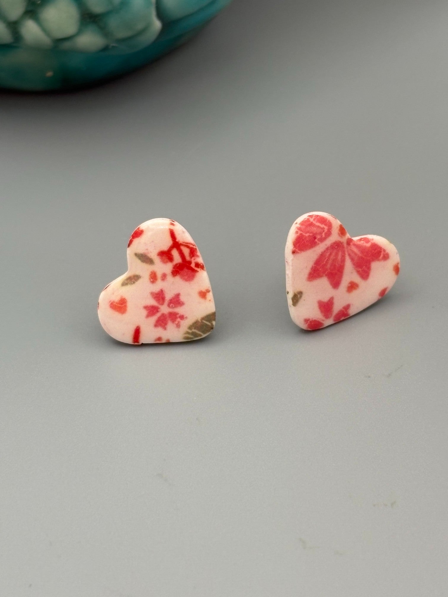 Flower Pattern Heart Stud Earrings - handcrafted polymer clay earrings by Lakeside Clay