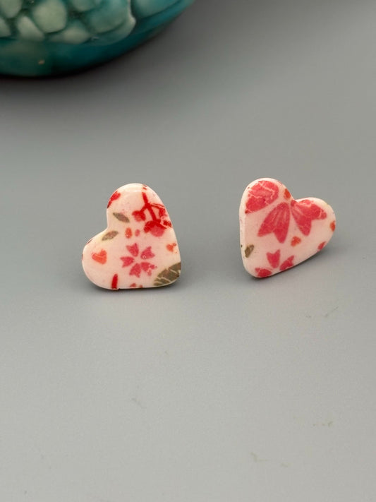 Flower Pattern Heart Stud Earrings - handcrafted polymer clay earrings by Lakeside Clay