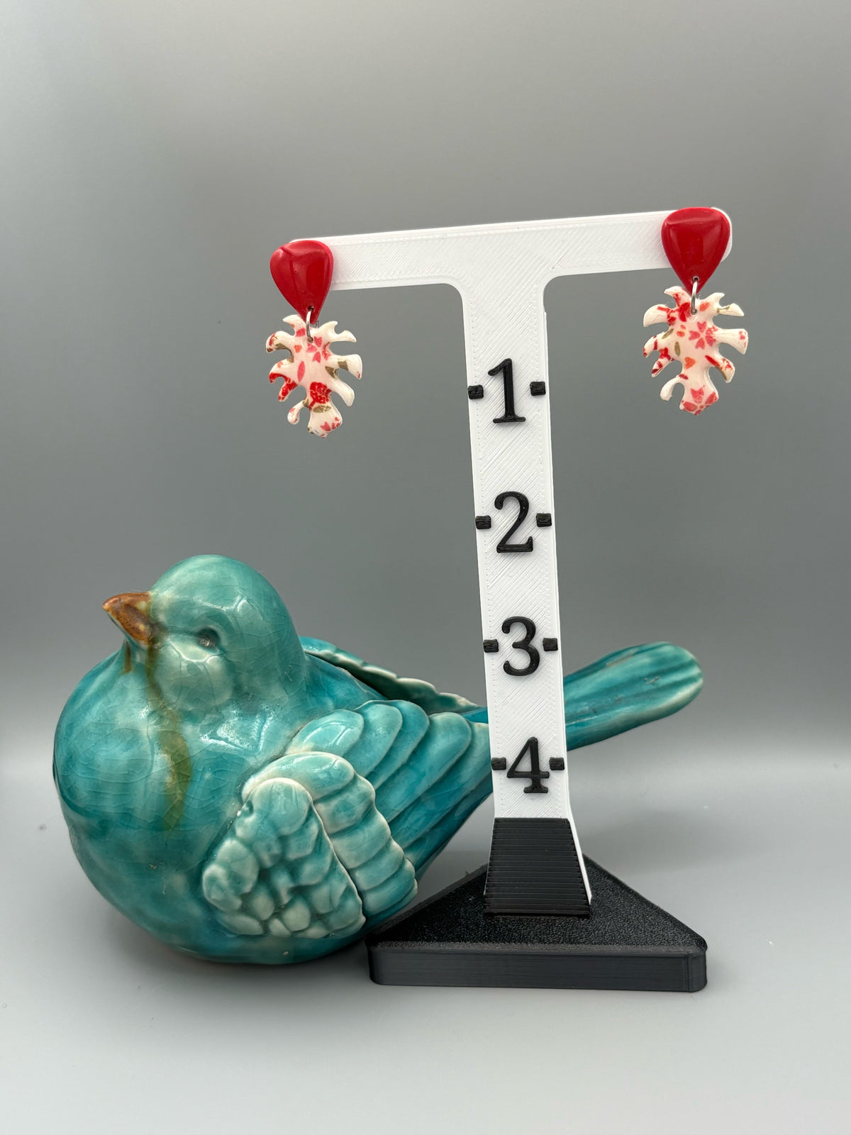 Flower Pattern Monstera Leaf Dangle Earrings - handcrafted polymer clay earrings by Lakeside Clay